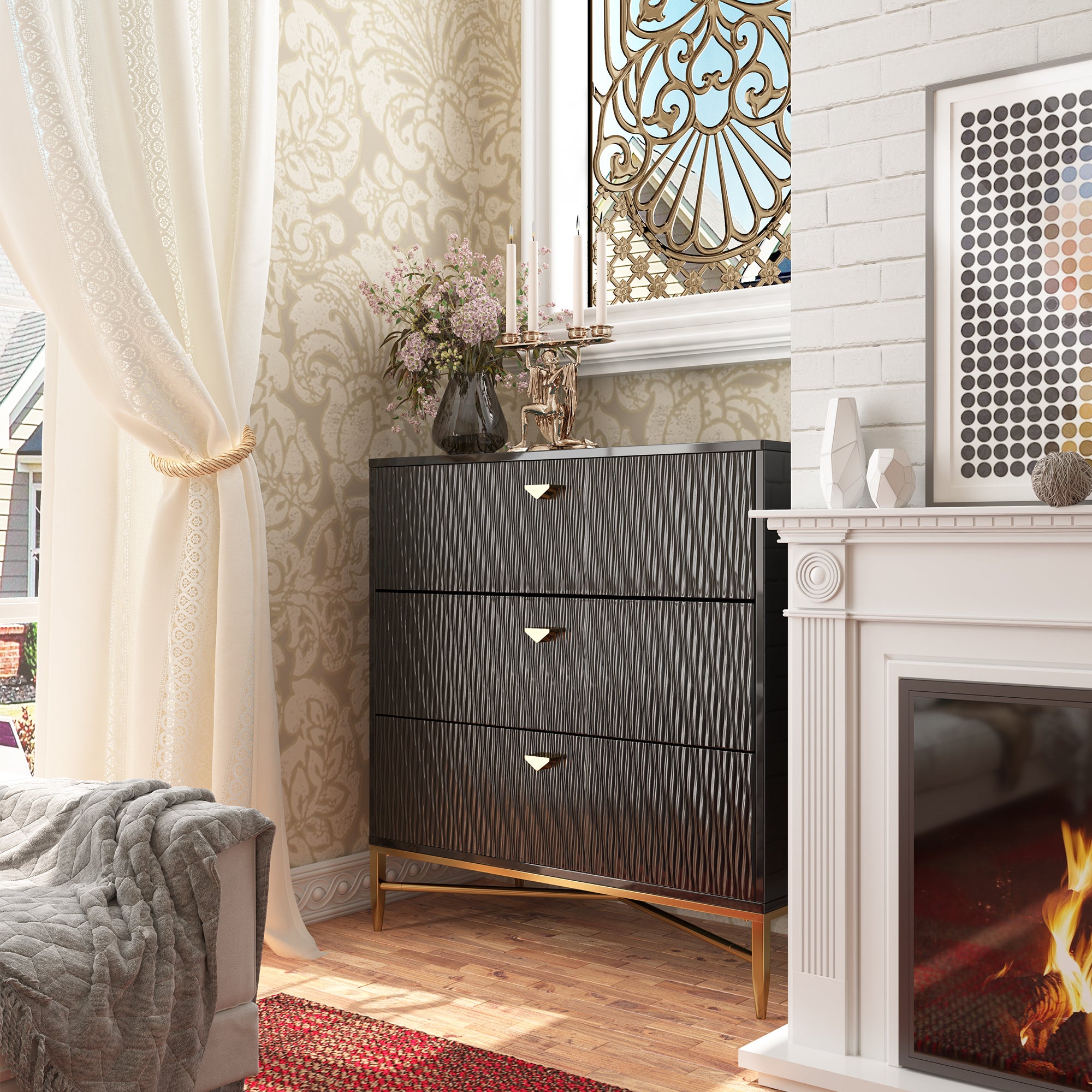 White/Blcak/Blue/Green 3-Drawer Water Ripple Finish Designs Wood Nightstand with Square Support Legs