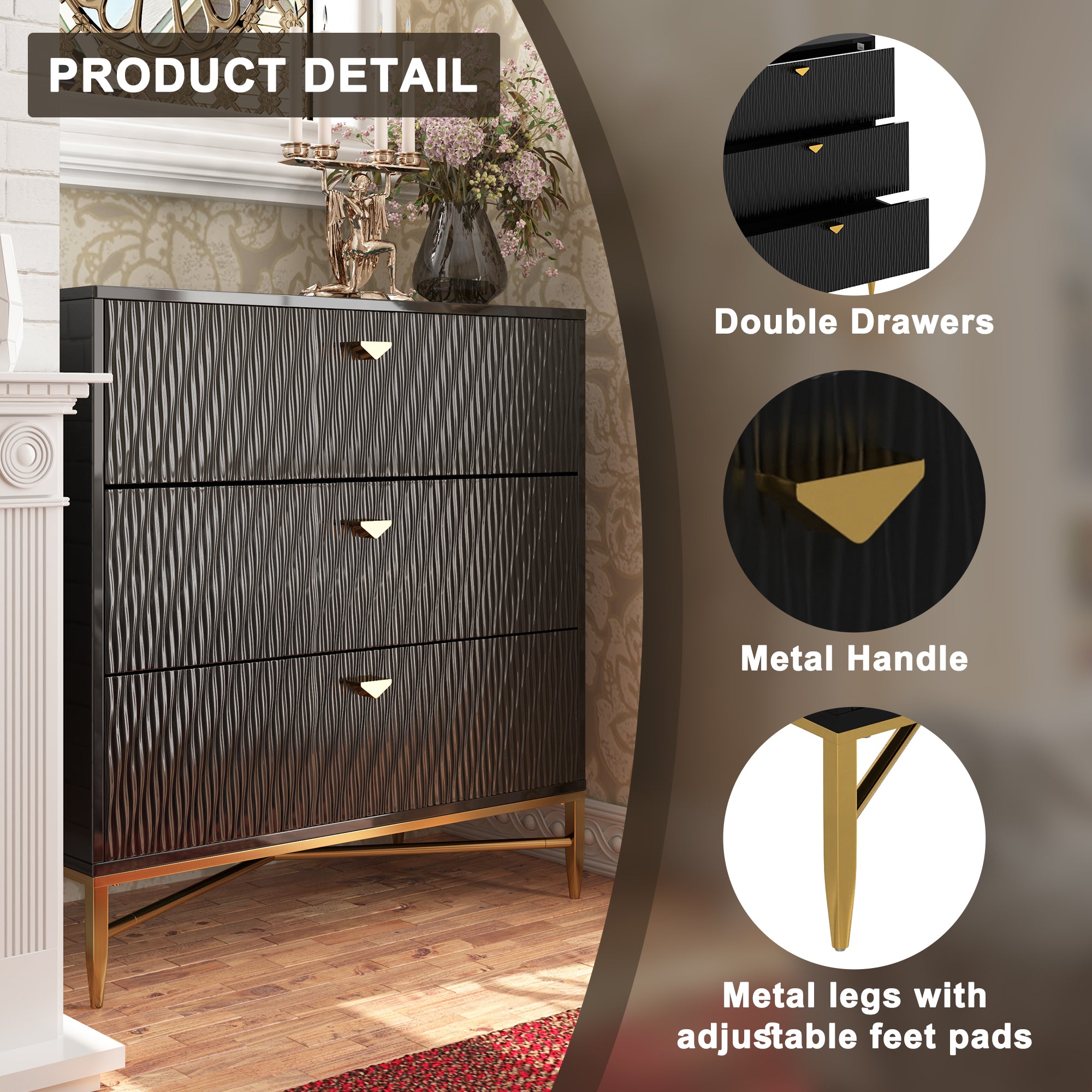 White/Blcak/Blue/Green 3-Drawer Water Ripple Finish Designs Wood Nightstand with Square Support Legs