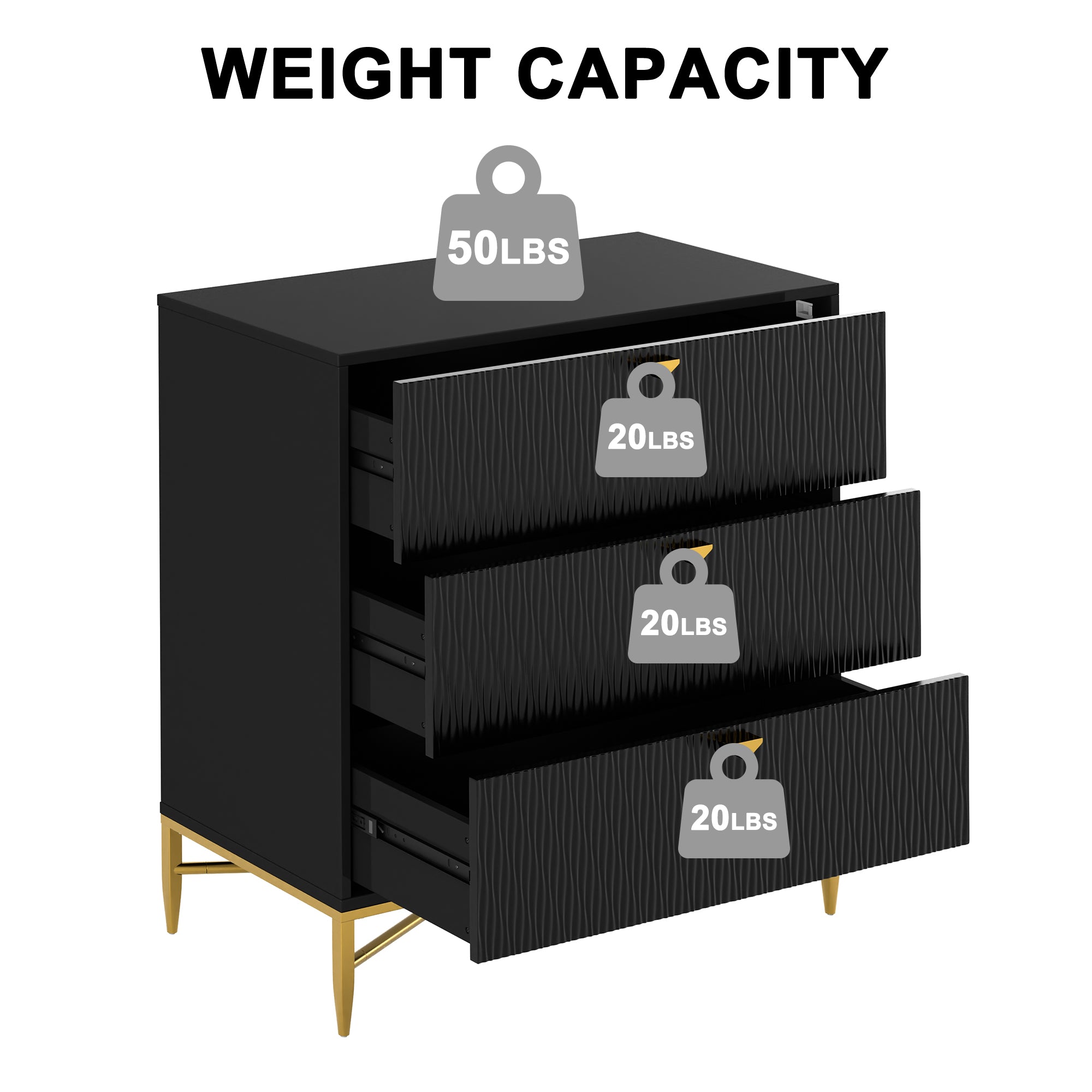 White/Blcak/Blue/Green 3-Drawer Water Ripple Finish Designs Wood Nightstand with Square Support Legs