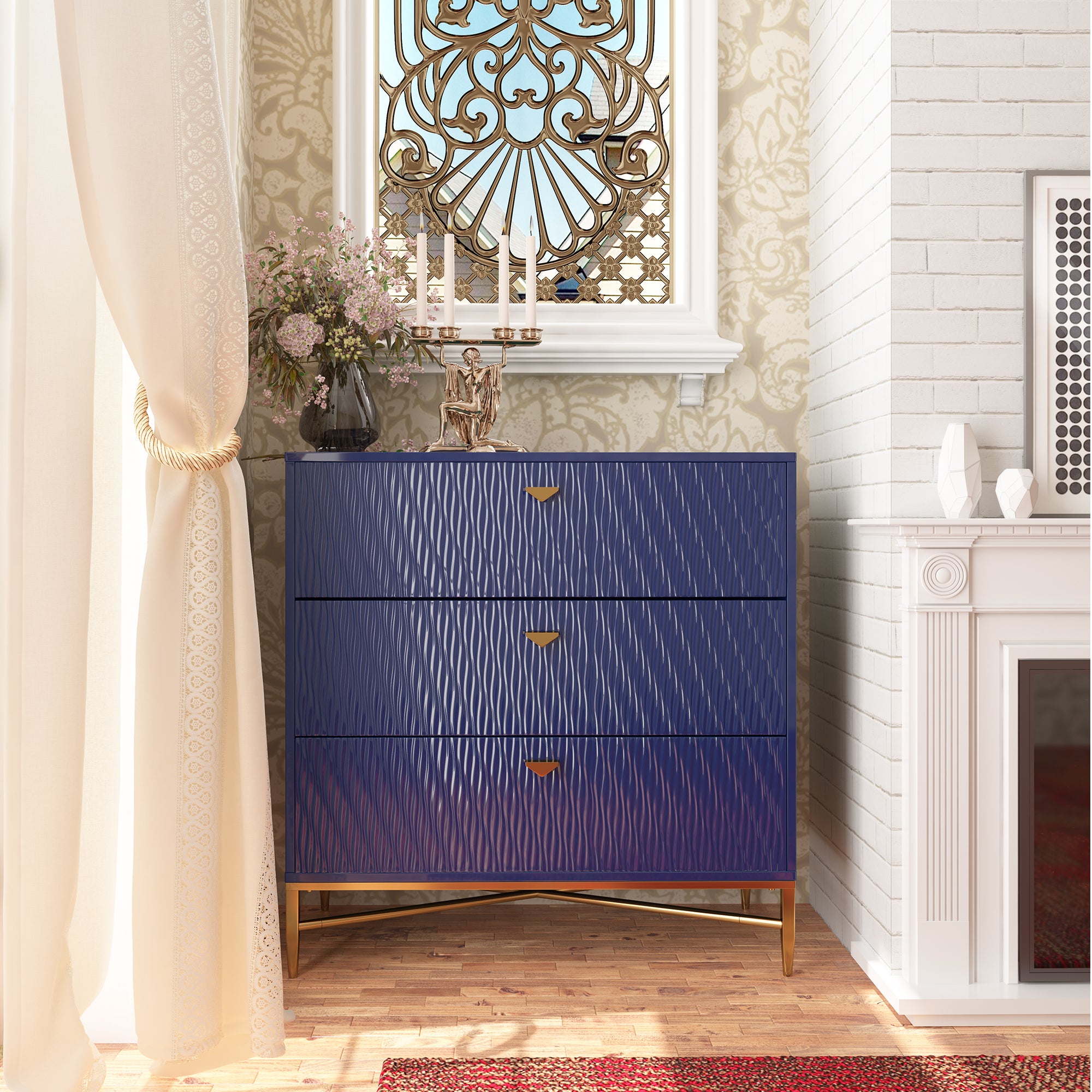 White/Blcak/Blue/Green 3-Drawer Water Ripple Finish Designs Wood Nightstand with Square Support Legs