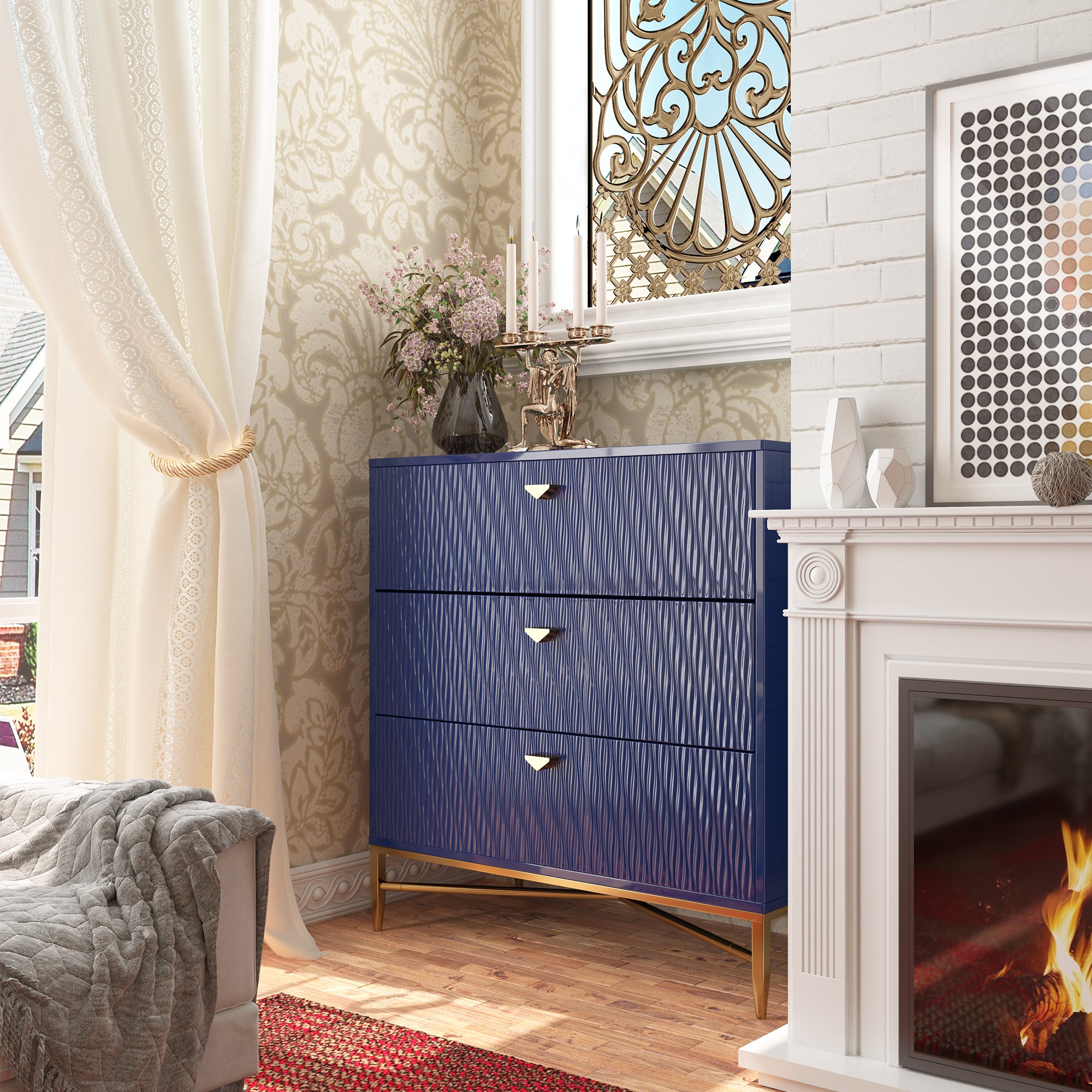 White/Blcak/Blue/Green 3-Drawer Water Ripple Finish Designs Wood Nightstand with Square Support Legs