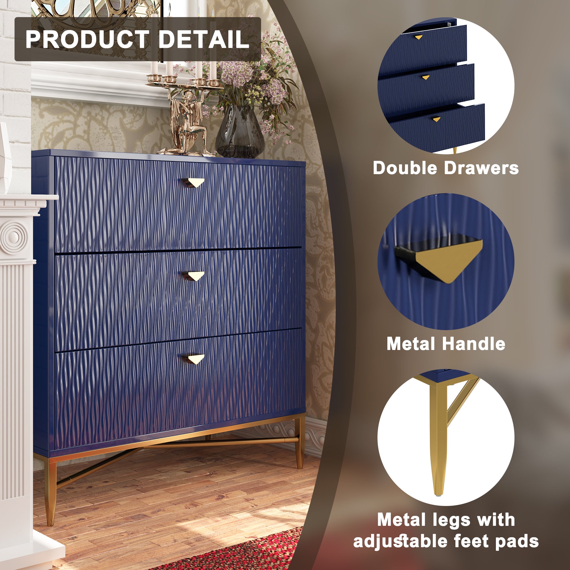 White/Blcak/Blue/Green 3-Drawer Water Ripple Finish Designs Wood Nightstand with Square Support Legs