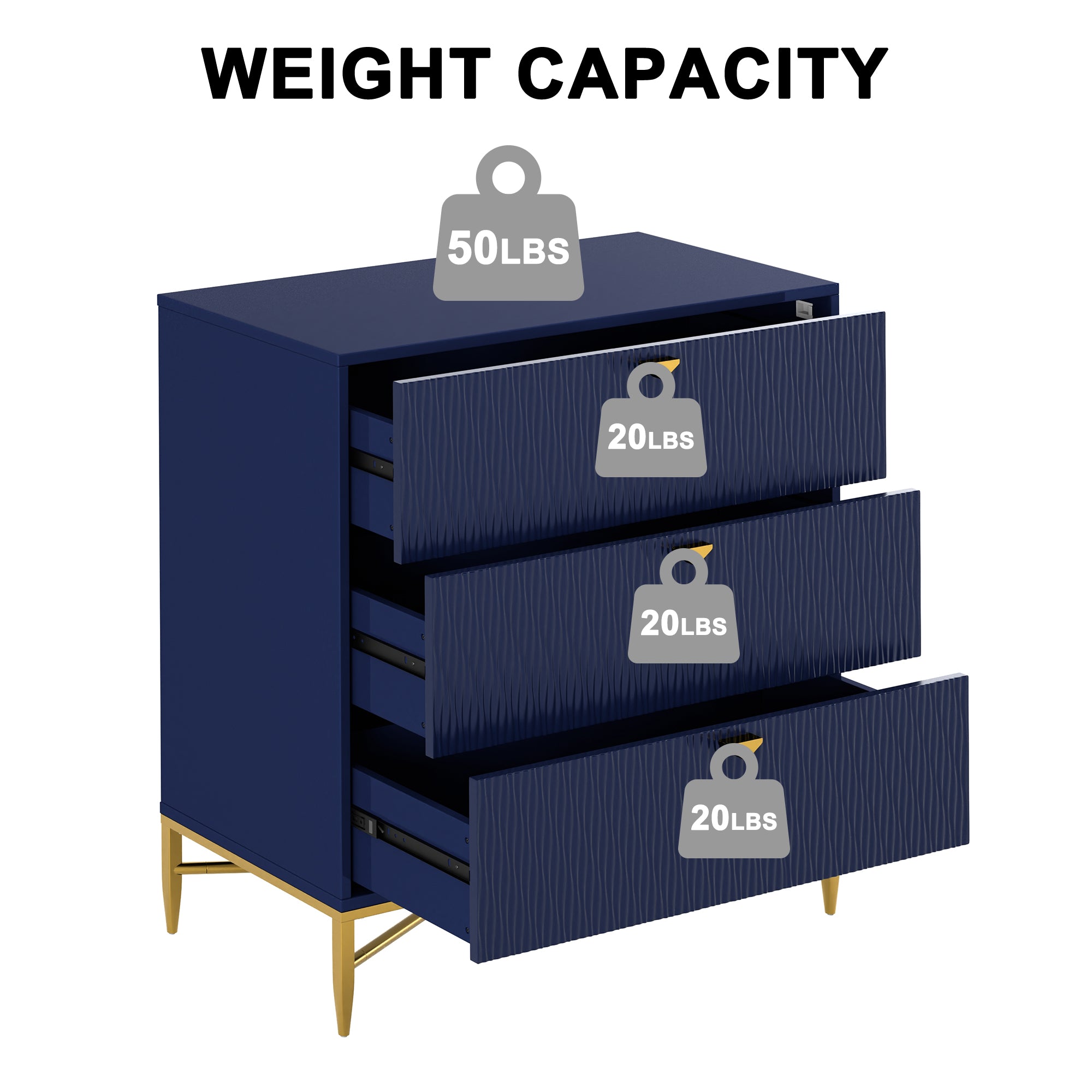 White/Blcak/Blue/Green 3-Drawer Water Ripple Finish Designs Wood Nightstand with Square Support Legs