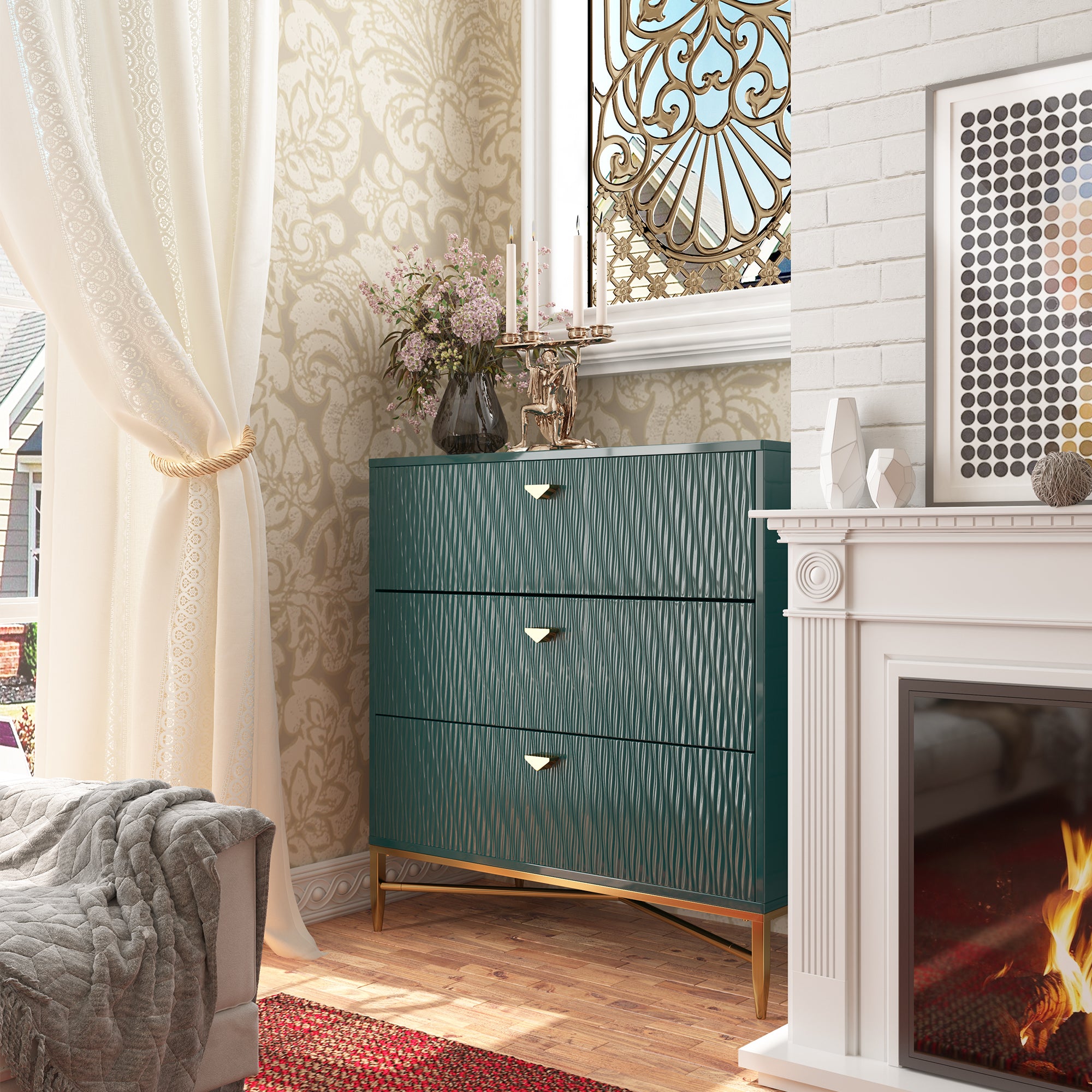 White/Blcak/Blue/Green 3-Drawer Water Ripple Finish Designs Wood Nightstand with Square Support Legs