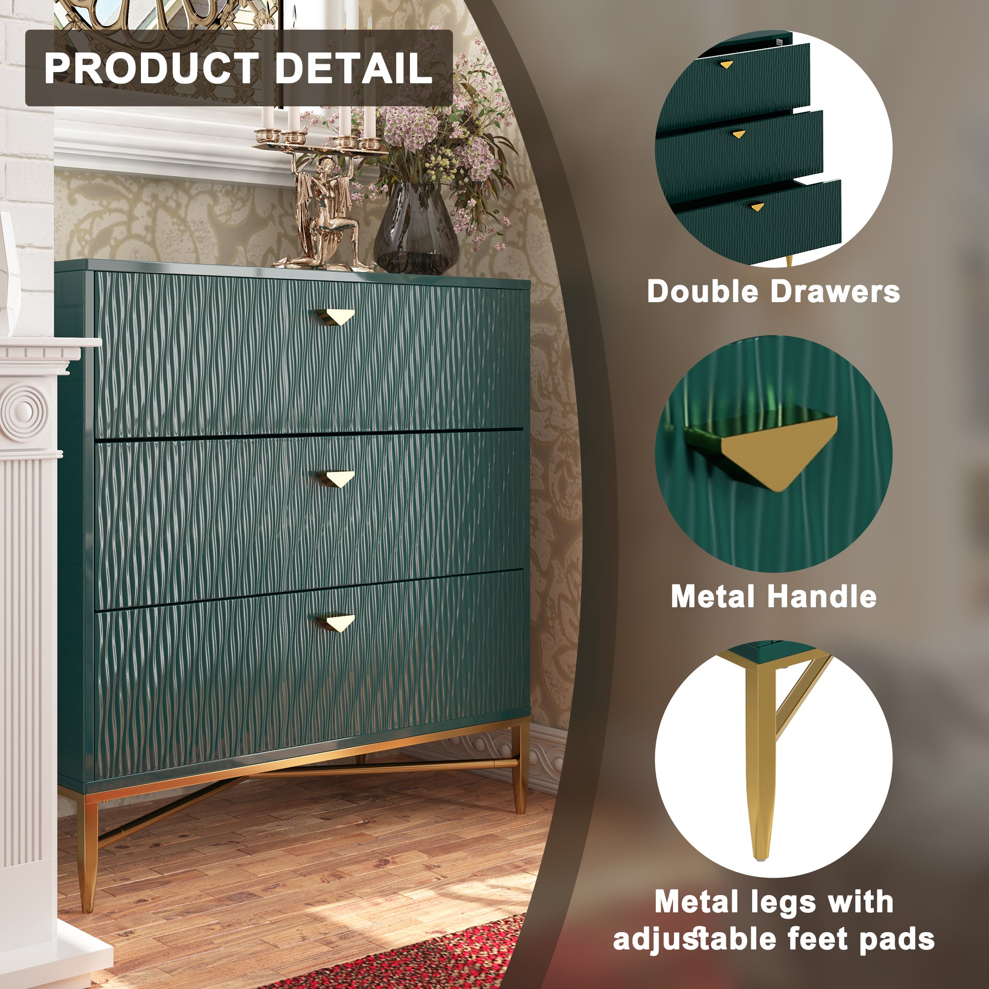 White/Blcak/Blue/Green 3-Drawer Water Ripple Finish Designs Wood Nightstand with Square Support Legs