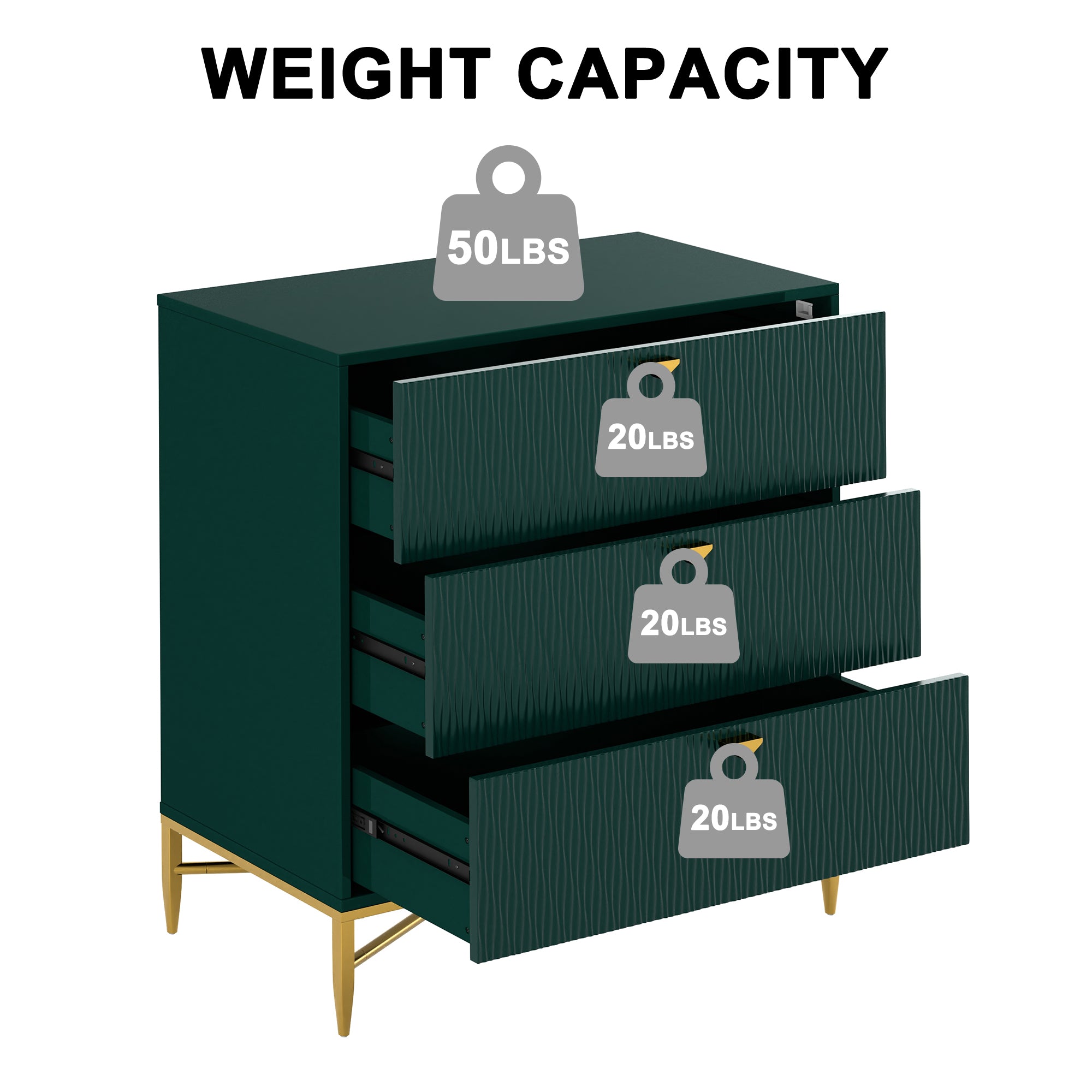 White/Blcak/Blue/Green 3-Drawer Water Ripple Finish Designs Wood Nightstand with Square Support Legs