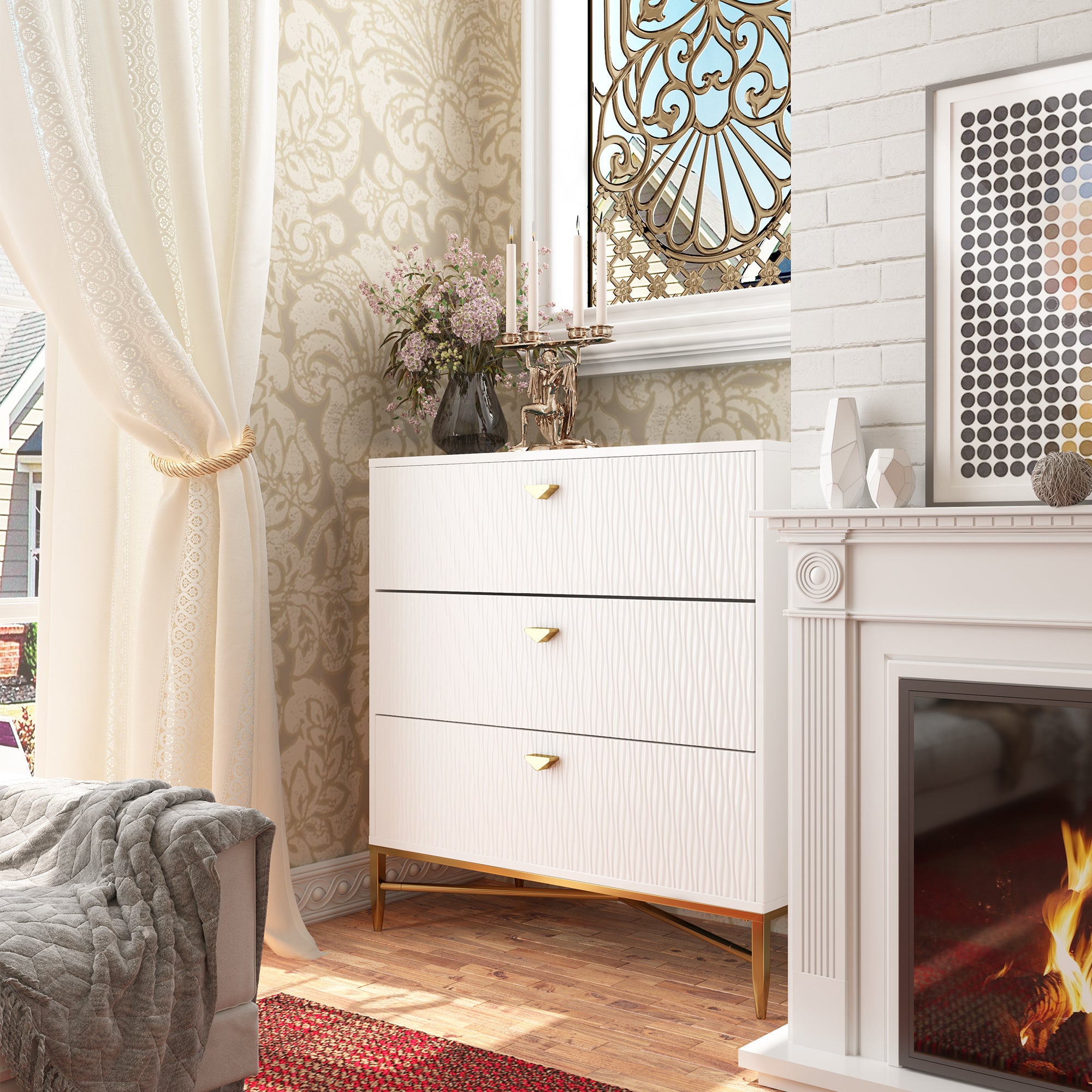 White/Blcak/Blue/Green 3-Drawer Water Ripple Finish Designs Wood Nightstand with Square Support Legs