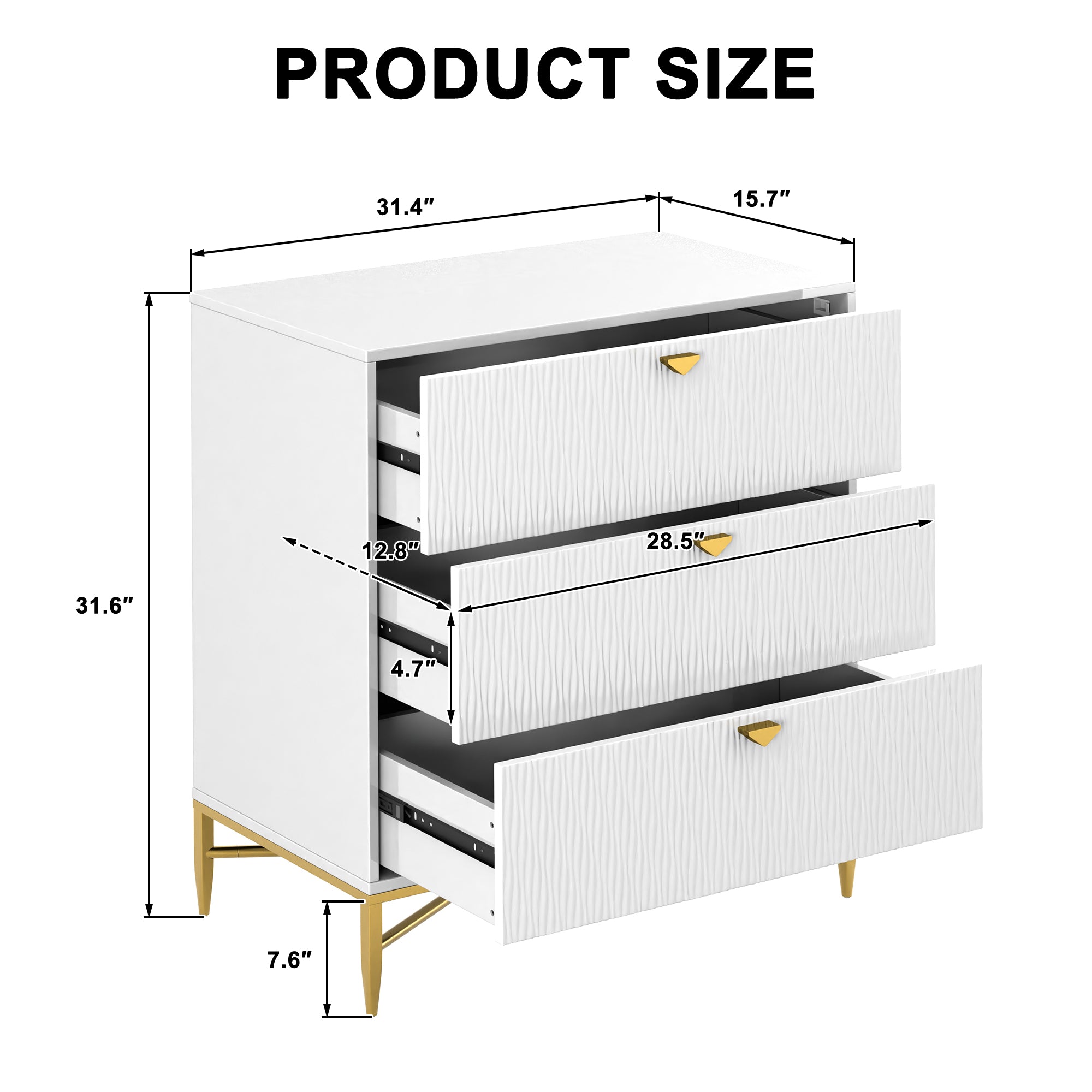 White/Blcak/Blue/Green 3-Drawer Water Ripple Finish Designs Wood Nightstand with Square Support Legs