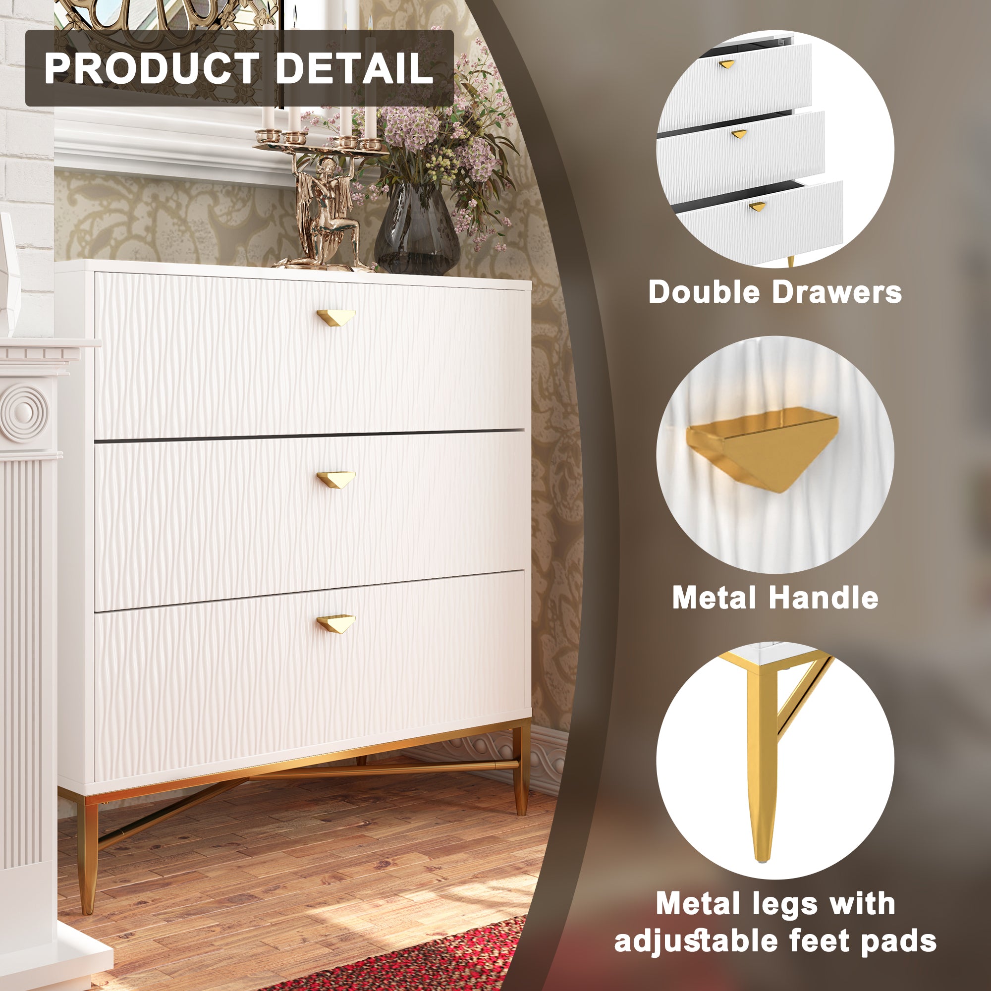 White/Blcak/Blue/Green 3-Drawer Water Ripple Finish Designs Wood Nightstand with Square Support Legs