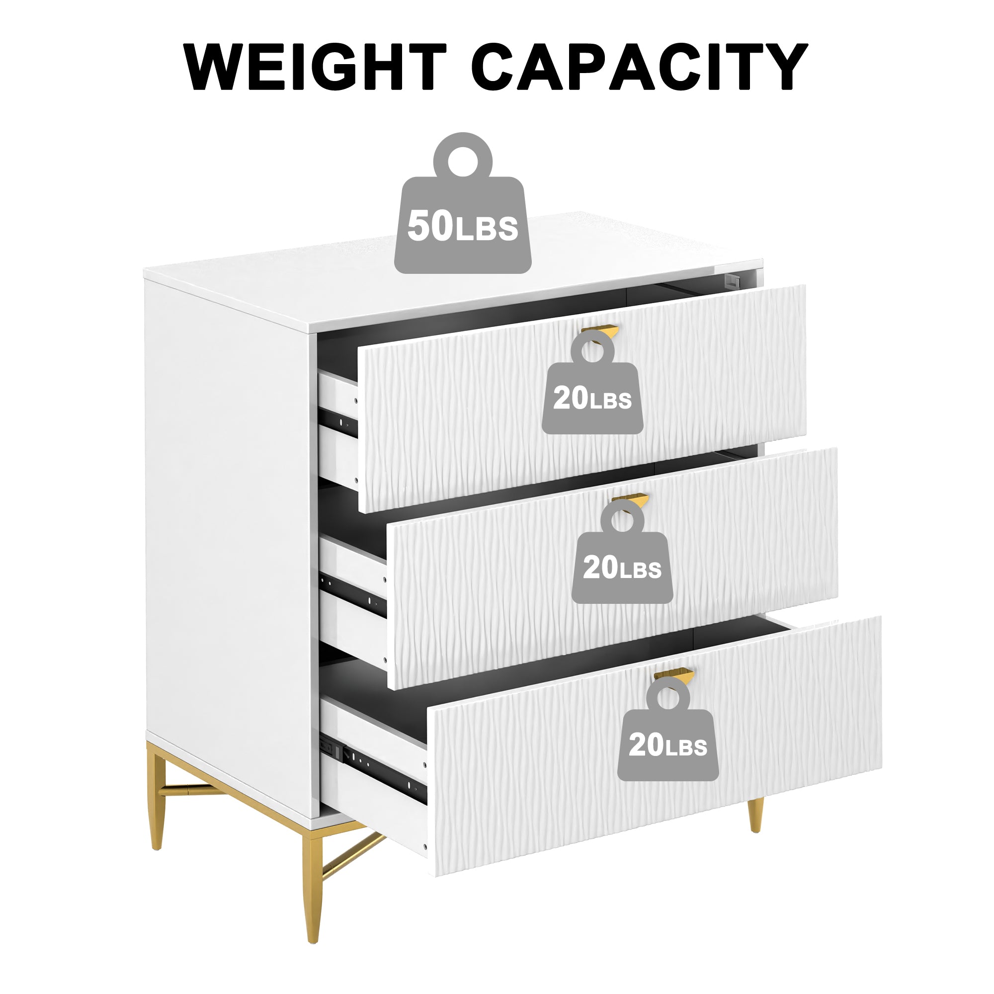 White/Blcak/Blue/Green 3-Drawer Water Ripple Finish Designs Wood Nightstand with Square Support Legs