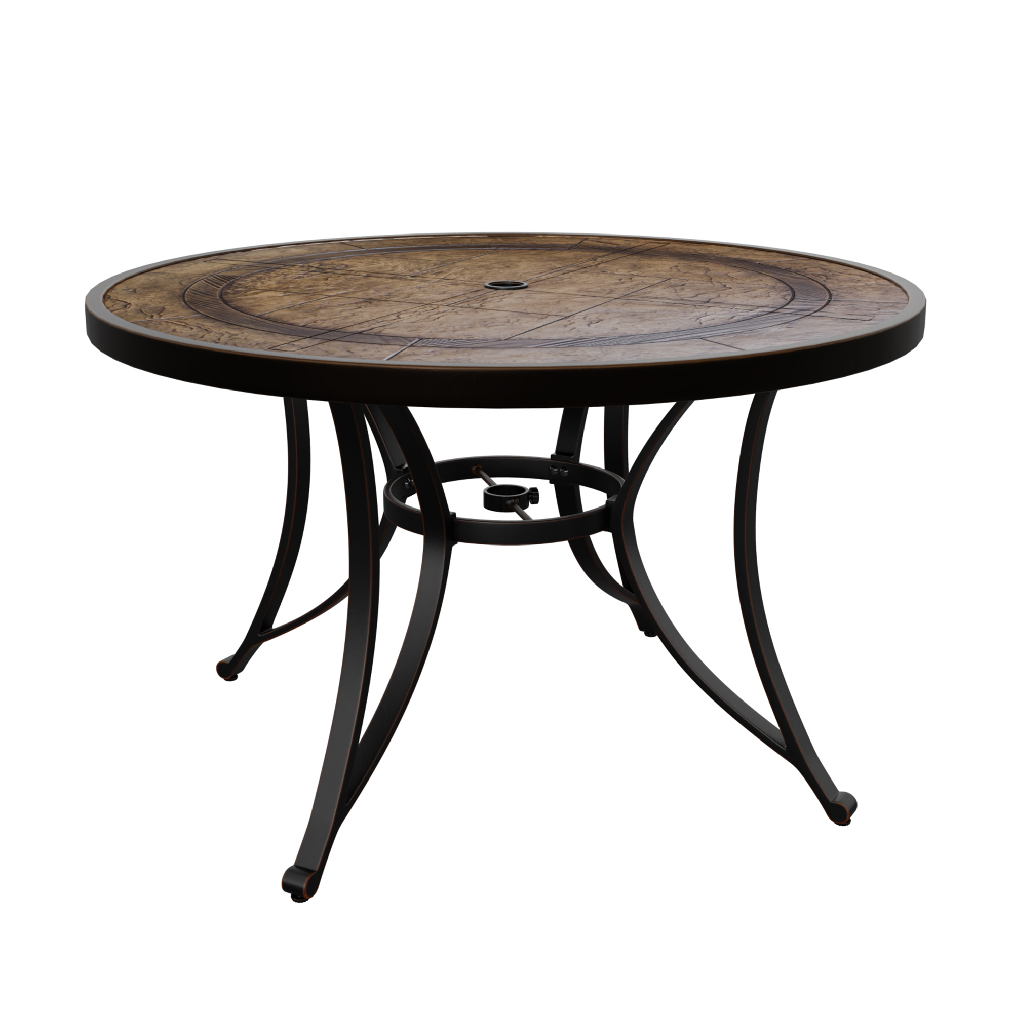 Dark Gold Round Aluminum 28 in. H Faux Wood Top Outdoor Patio Dining Table with Umbrella Hole-Boyelliving