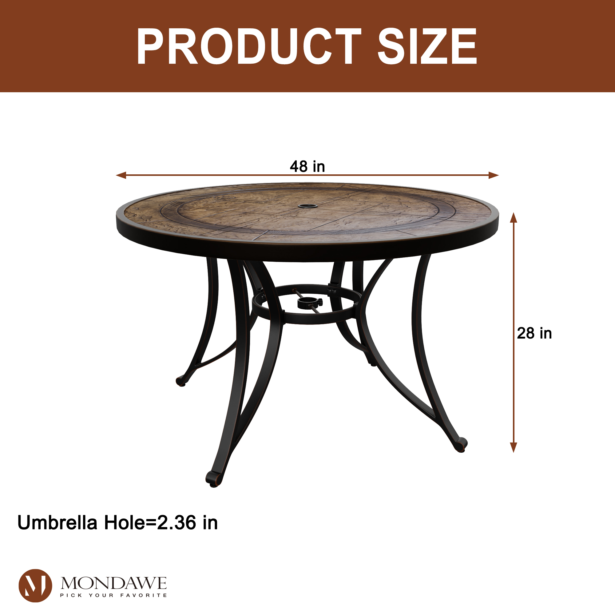 Dark Gold Round Aluminum 28 in. H Faux Wood Top Outdoor Patio Dining Table with Umbrella Hole-Boyelliving