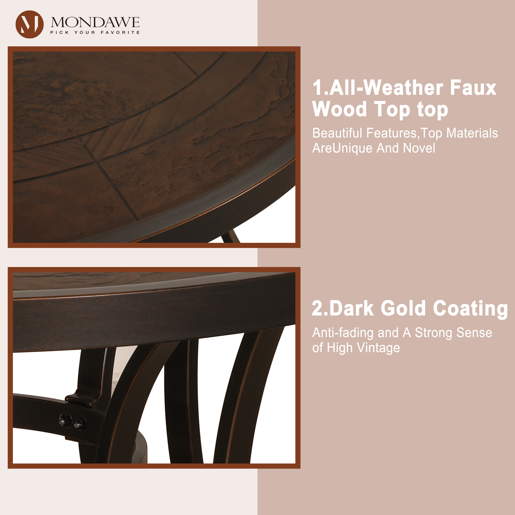 Dark Gold Round Aluminum 28 in. H Faux Wood Top Outdoor Patio Dining Table with Umbrella Hole-Boyelliving