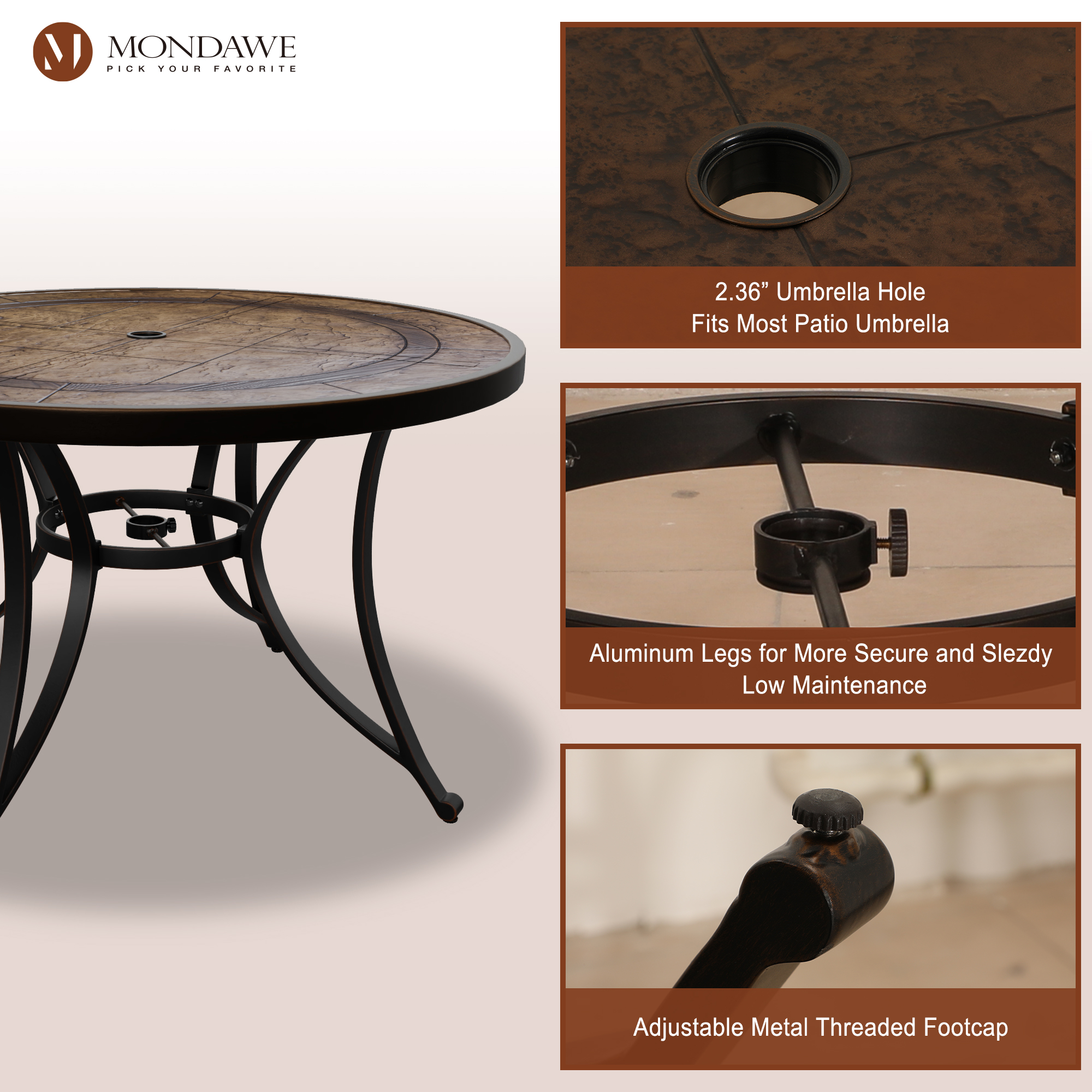 Dark Gold Round Aluminum 28 in. H Faux Wood Top Outdoor Patio Dining Table with Umbrella Hole-Boyelliving