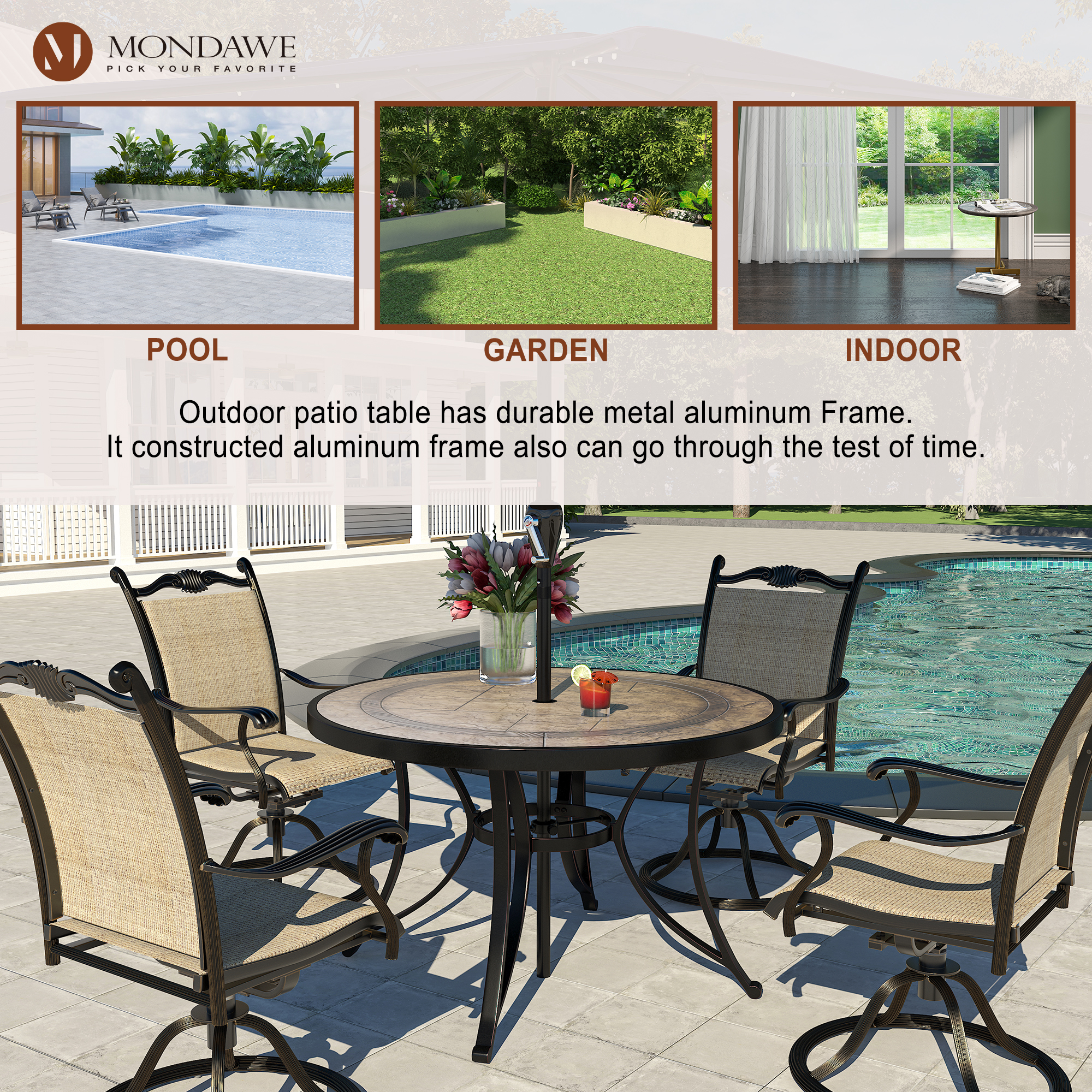 Dark Gold Round Aluminum 28 in. H Faux Wood Top Outdoor Patio Dining Table with Umbrella Hole-Boyelliving