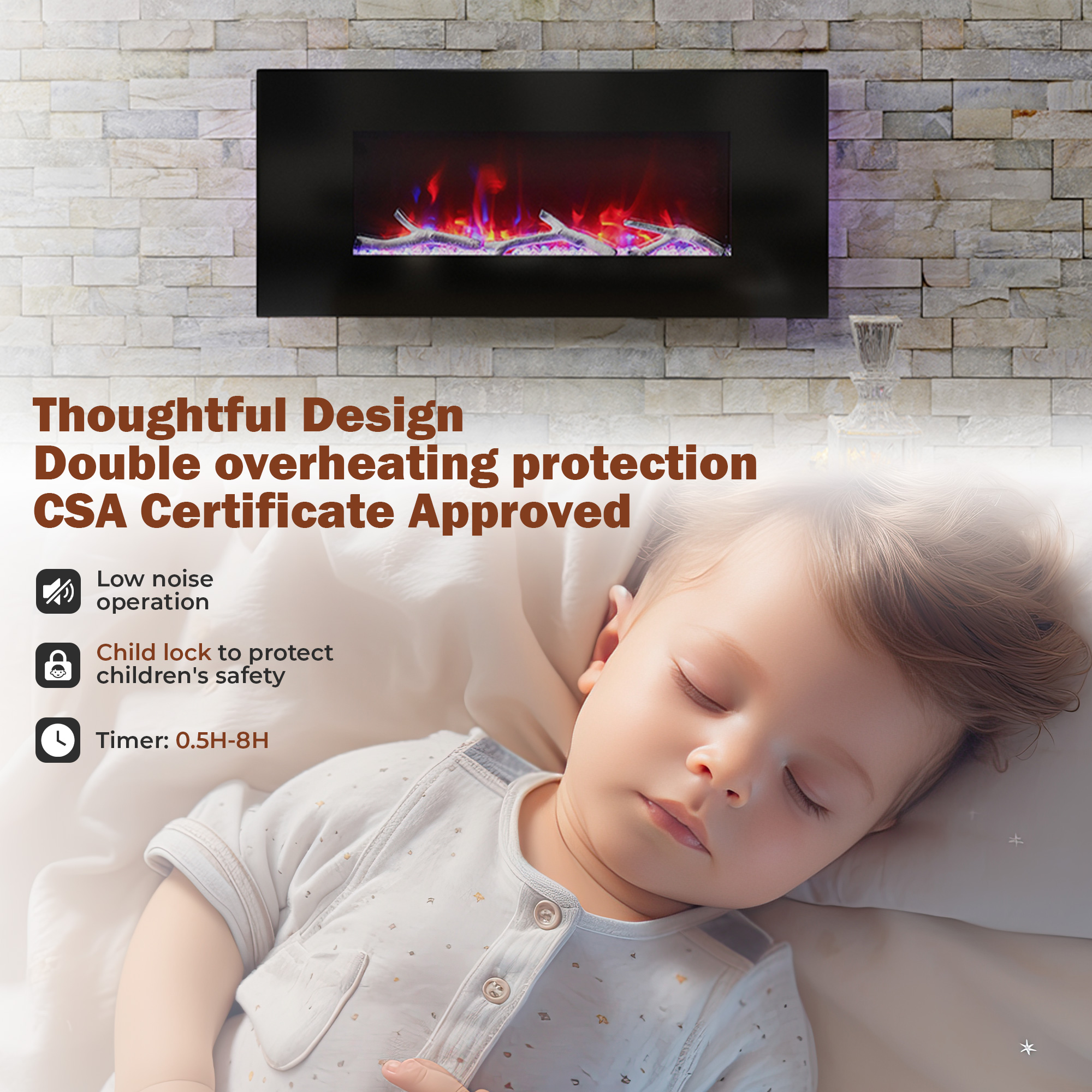 5120 BTU 42/50/60/72 in. Wall-Mounted Black Electric Fireplace Insert with 2-Speaker Stereo Sound