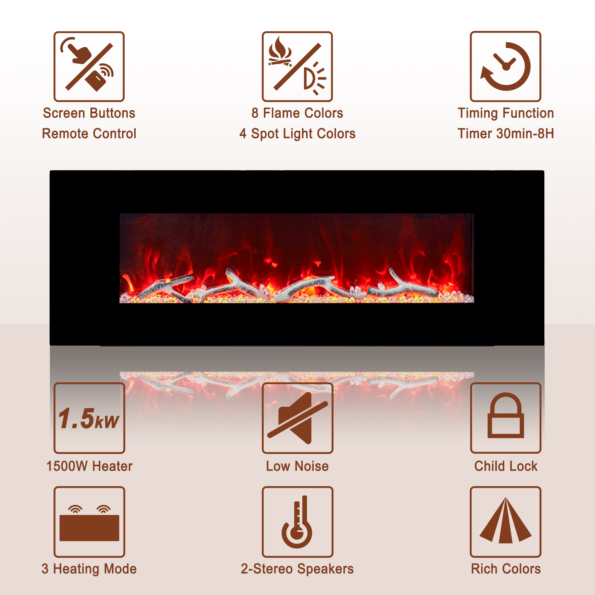 5120 BTU 42/50/60/72 in. Wall-Mounted Black Electric Fireplace Insert with 2-Speaker Stereo Sound