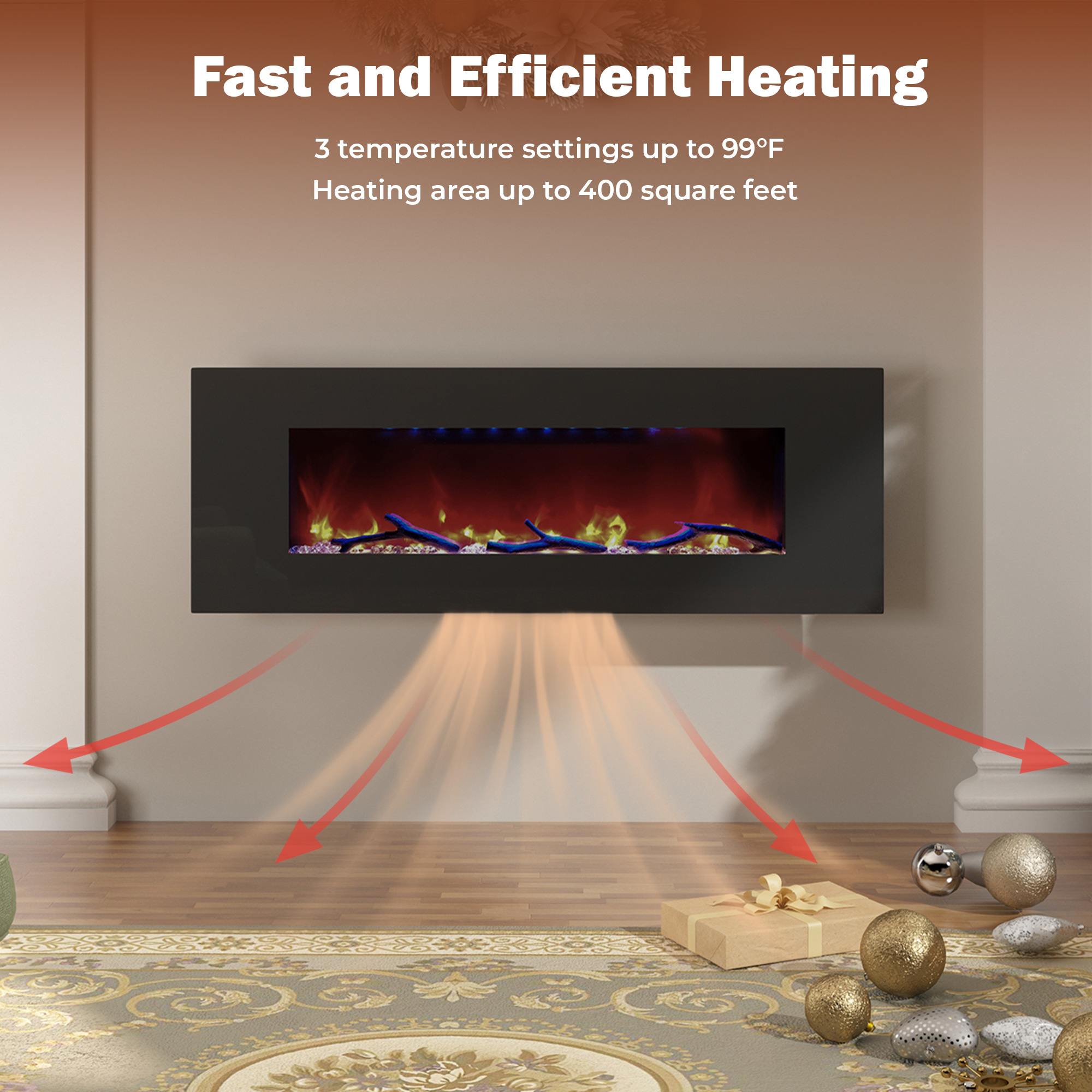 5120 BTU 42/50/60/72 in. Wall-Mounted Black Electric Fireplace Insert with 2-Speaker Stereo Sound