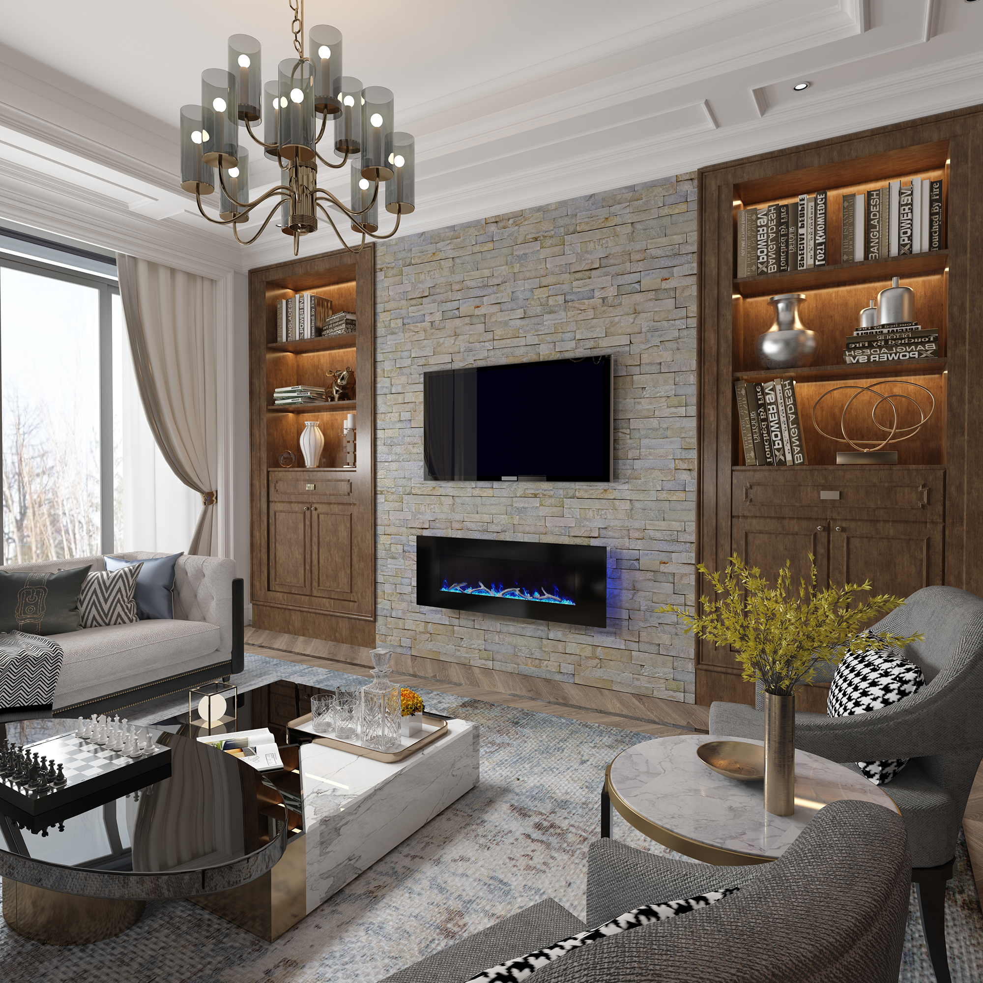 5120 BTU 42/50/60/72 in. Wall-Mounted Black Electric Fireplace Insert with 2-Speaker Stereo Sound