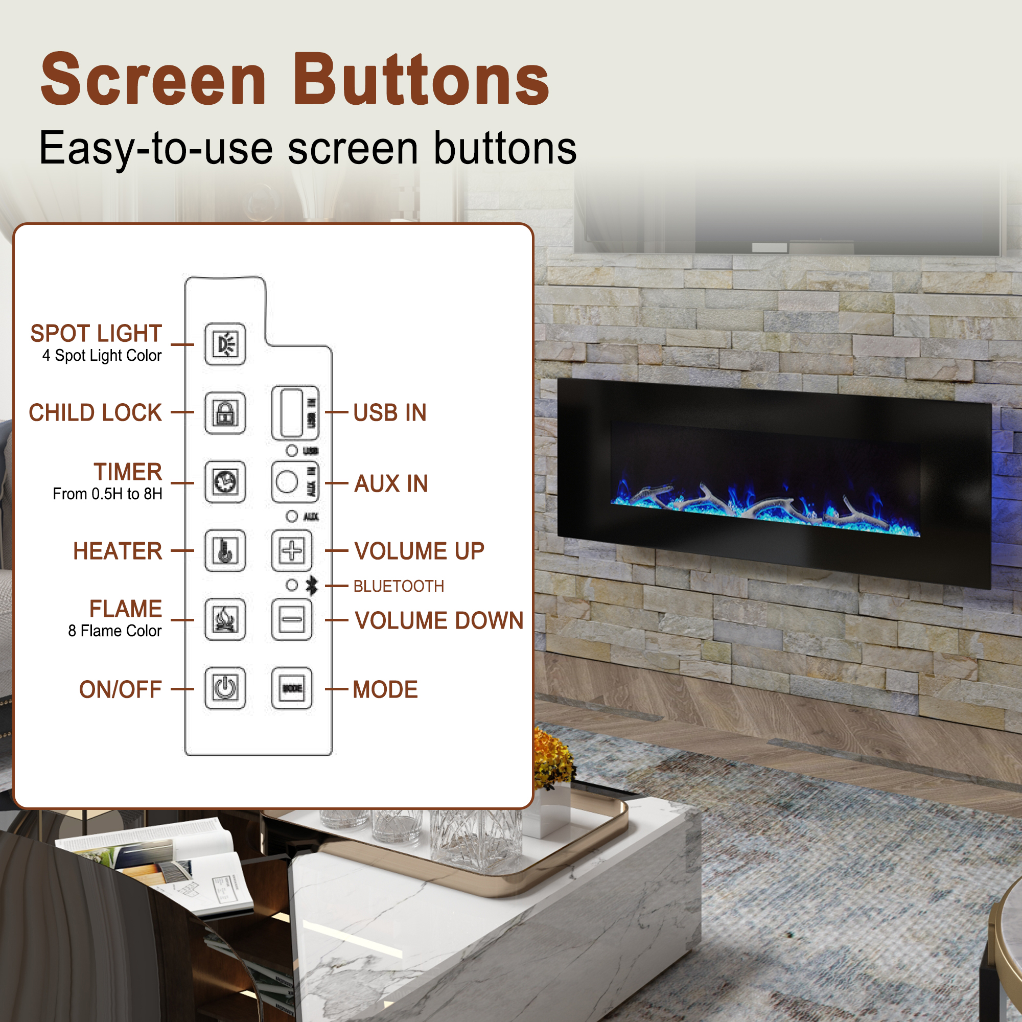 5120 BTU 42/50/60/72 in. Wall-Mounted Black Electric Fireplace Insert with 2-Speaker Stereo Sound