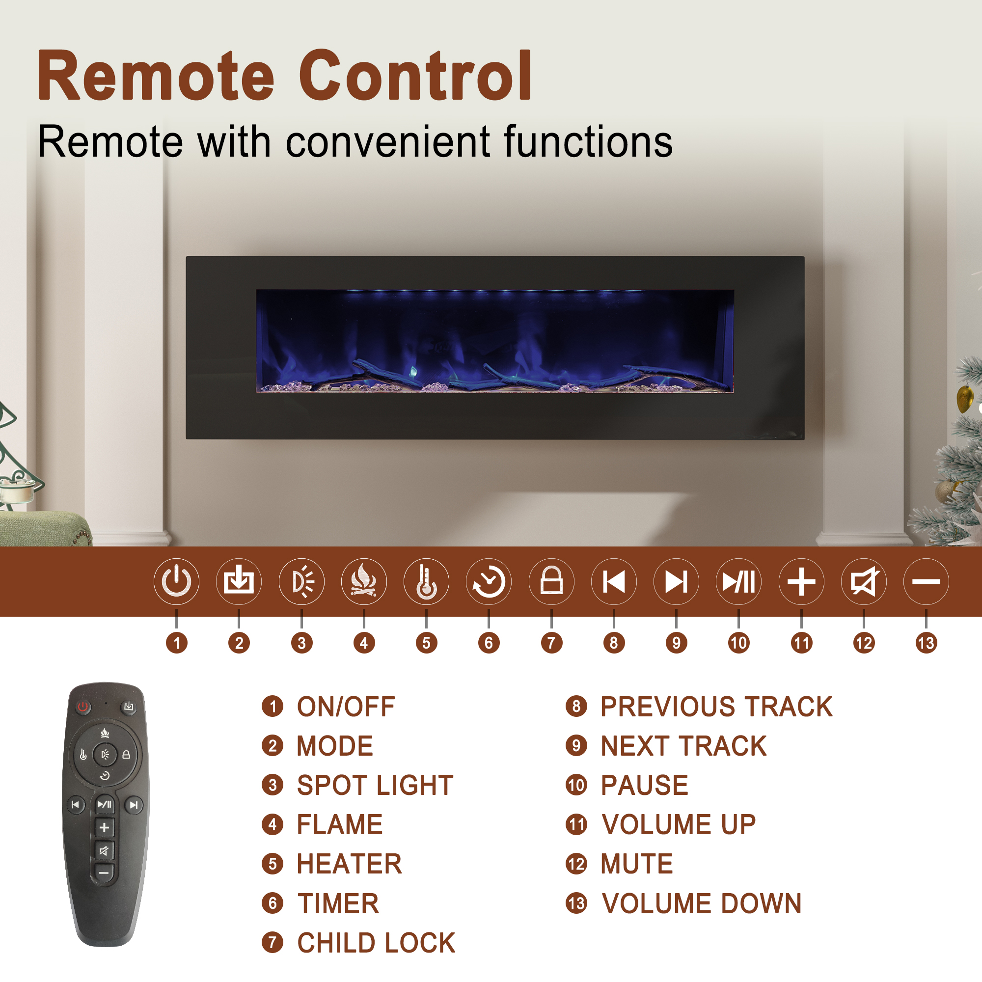 5120 BTU 42/50/60/72 in. Wall-Mounted Black Electric Fireplace Insert with 2-Speaker Stereo Sound