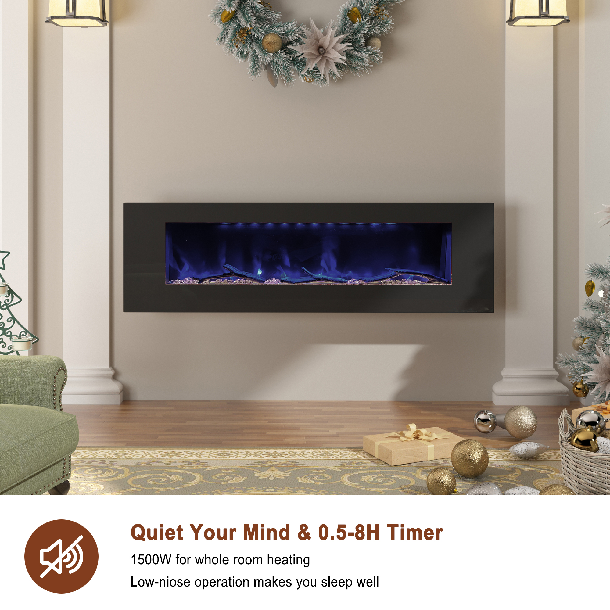 5120 BTU 42/50/60/72 in. Wall-Mounted Black Electric Fireplace Insert with 2-Speaker Stereo Sound