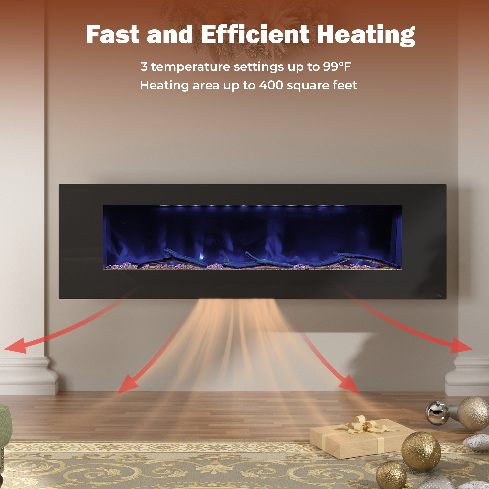 5120 BTU 42/50/60/72 in. Wall-Mounted Black Electric Fireplace Insert with 2-Speaker Stereo Sound