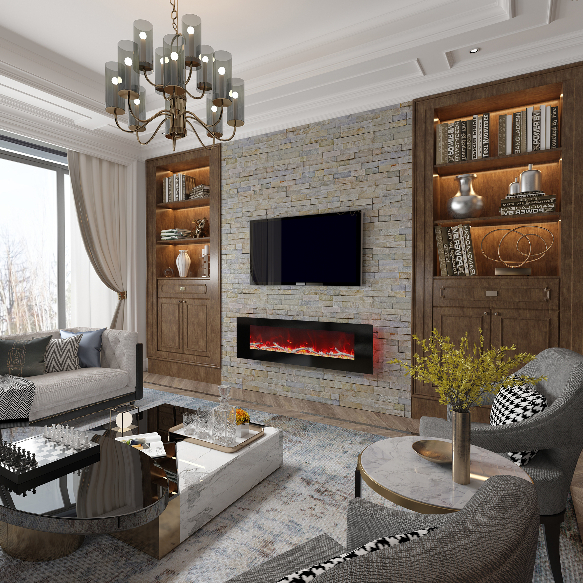 5120 BTU 42/50/60/72 in. Wall-Mounted Black Electric Fireplace Insert with 2-Speaker Stereo Sound