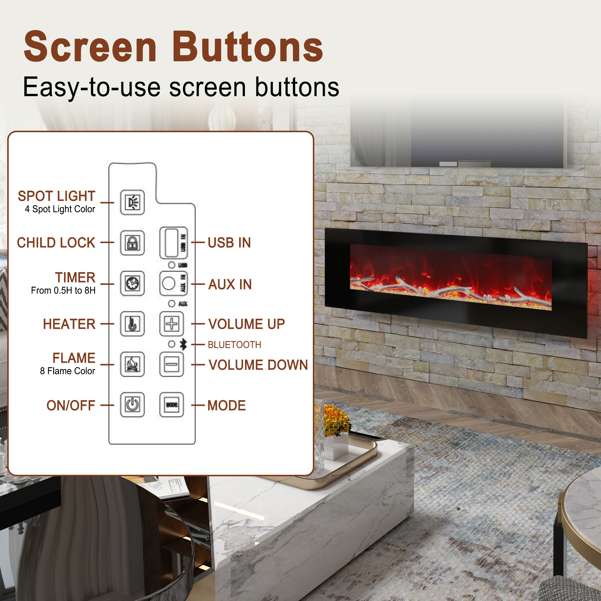 5120 BTU 42/50/60/72 in. Wall-Mounted Black Electric Fireplace Insert with 2-Speaker Stereo Sound