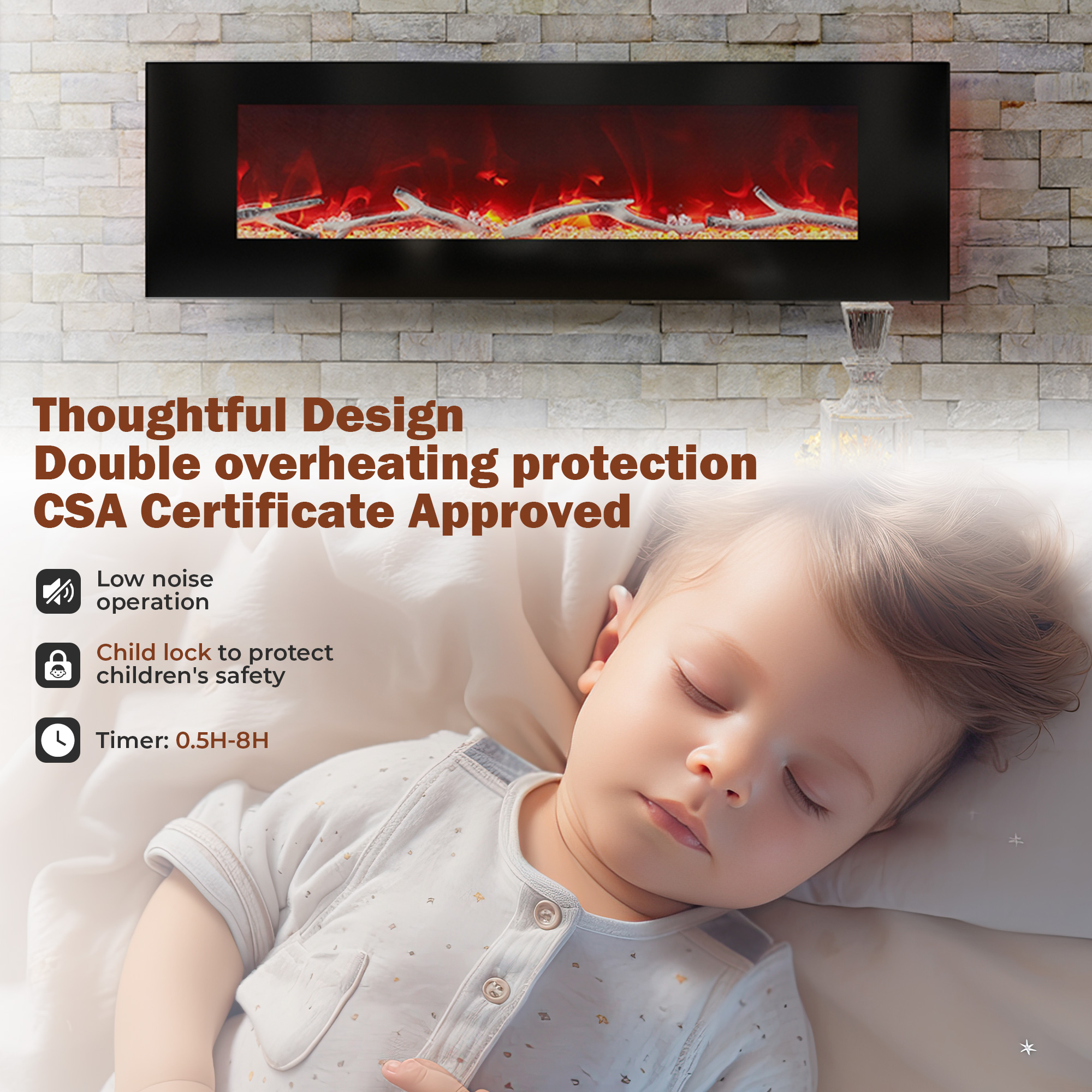 5120 BTU 42/50/60/72 in. Wall-Mounted Black Electric Fireplace Insert with 2-Speaker Stereo Sound