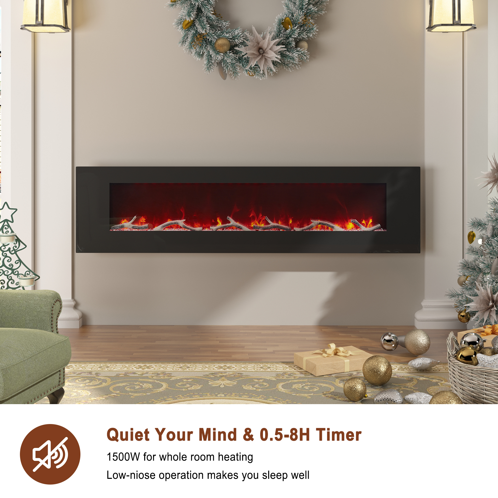 5120 BTU 42/50/60/72 in. Wall-Mounted Black Electric Fireplace Insert with 2-Speaker Stereo Sound
