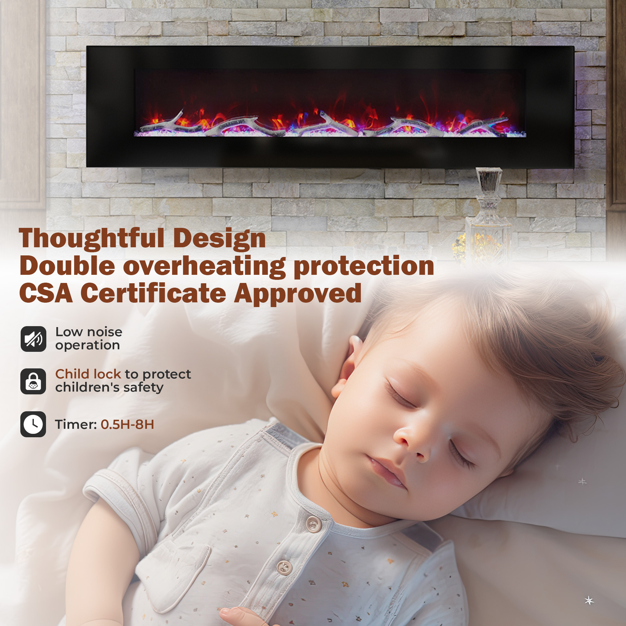 5120 BTU 42/50/60/72 in. Wall-Mounted Black Electric Fireplace Insert with 2-Speaker Stereo Sound