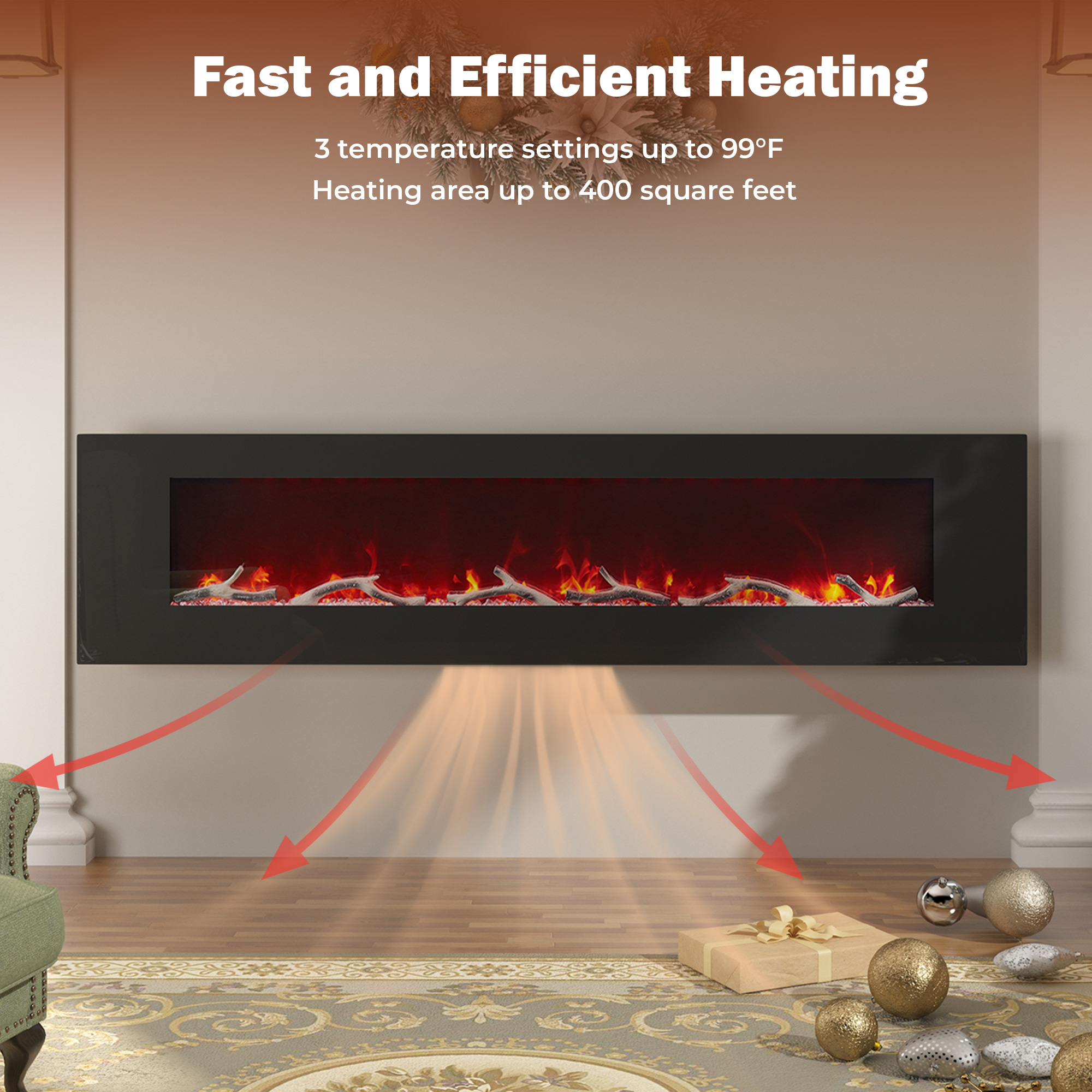 5120 BTU 42/50/60/72 in. Wall-Mounted Black Electric Fireplace Insert with 2-Speaker Stereo Sound