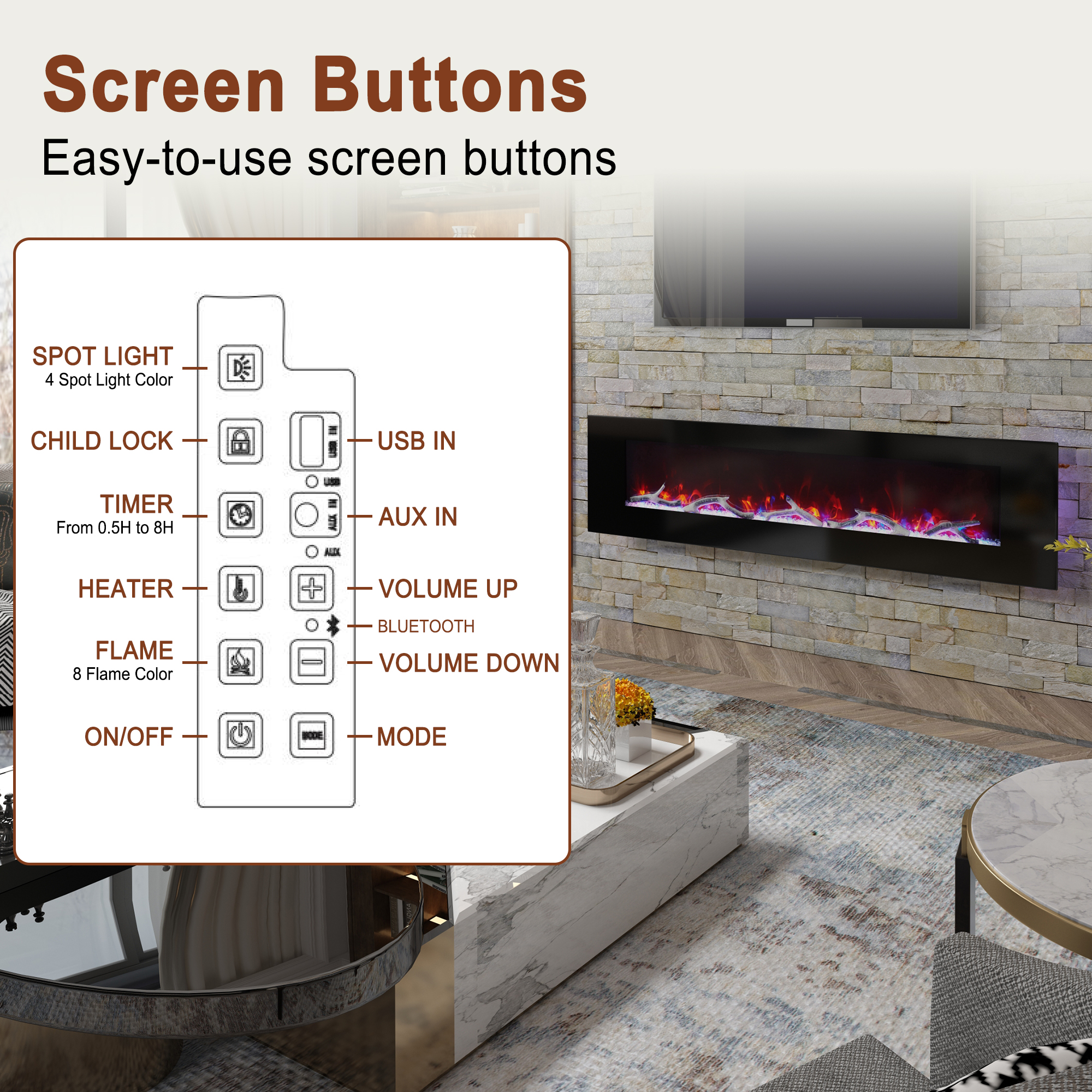 5120 BTU 42/50/60/72 in. Wall-Mounted Black Electric Fireplace Insert with 2-Speaker Stereo Sound