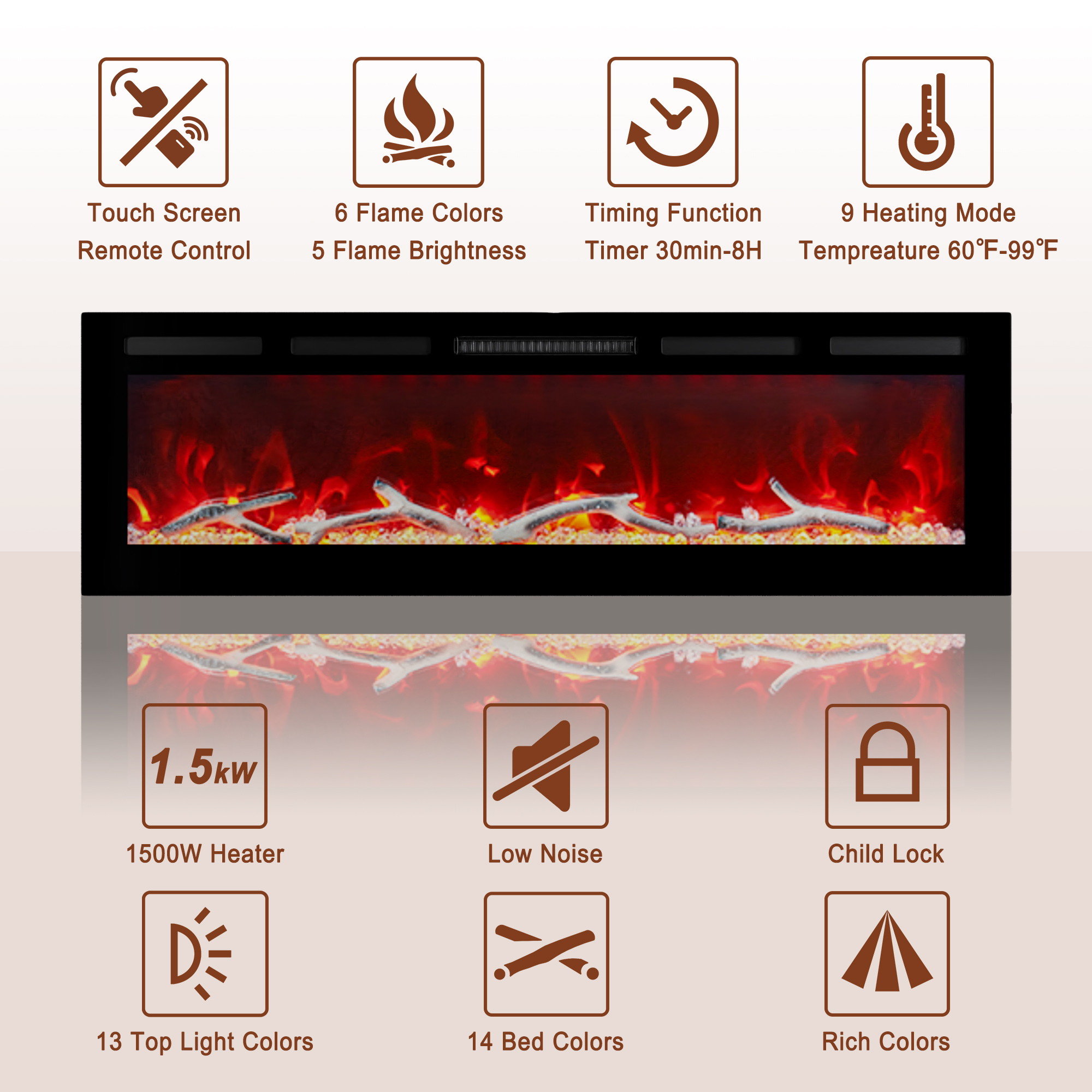 36/42/60/72 in. 4780 BTU Recessed/Wall-mounted Electric Fireplace