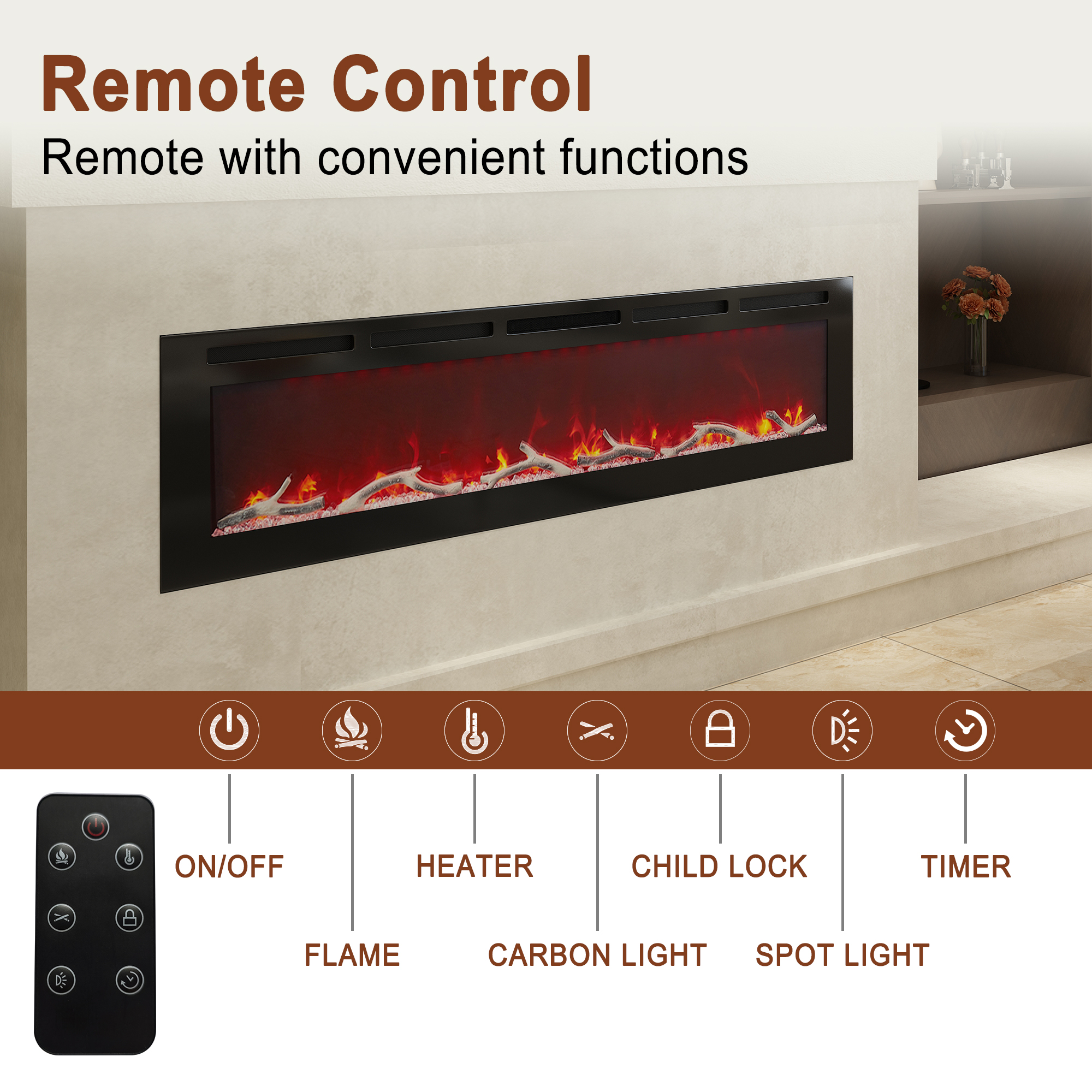 36/42/60/72 in. 4780 BTU Recessed/Wall-mounted Electric Fireplace