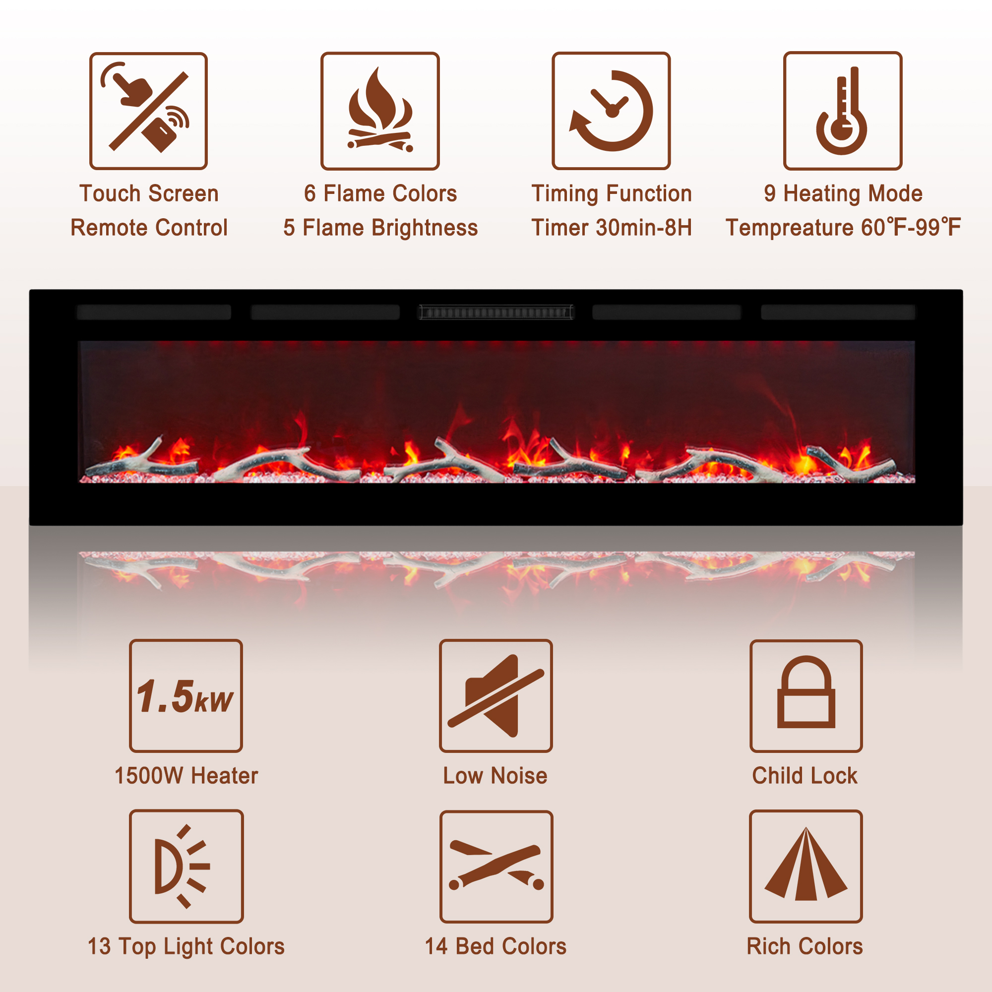 36/42/60/72 in. 4780 BTU Recessed/Wall-mounted Electric Fireplace