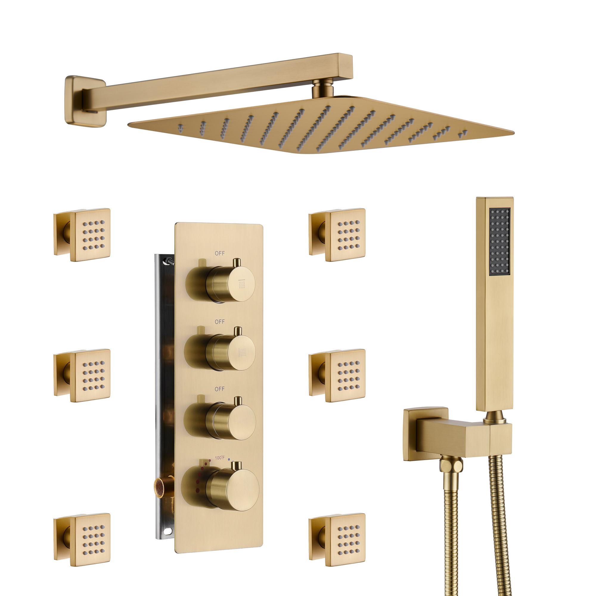 BG-Luxury 3-Spray Patterns Thermostatic 12 in. Wall Mount Rainfall Dual Shower Heads with 6-Body Spray-Mondawe