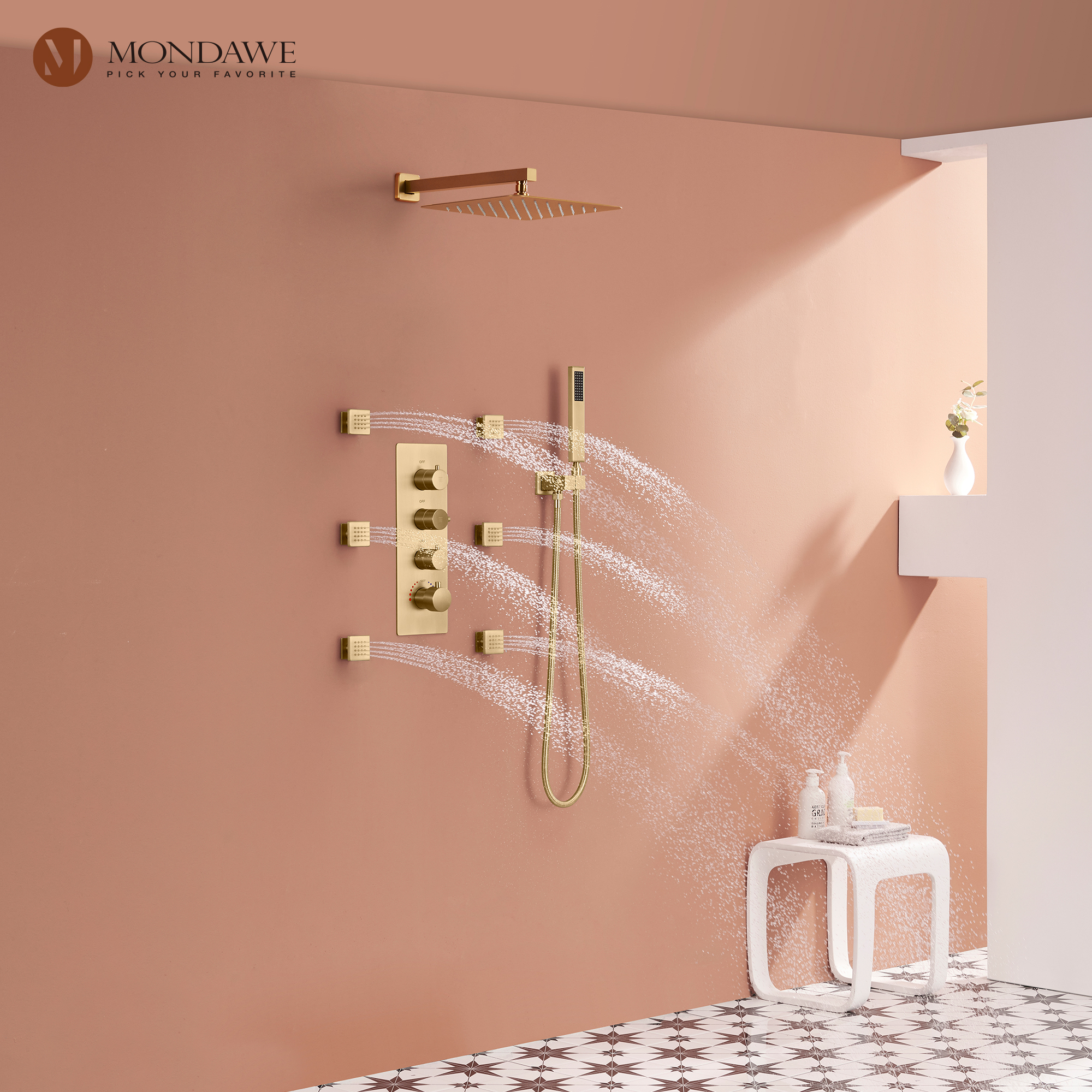 Luxury 3-Spray Patterns Thermostatic 12 in. Wall Mount Rainfall Dual Shower Heads with 6-Body Spray-Mondawe