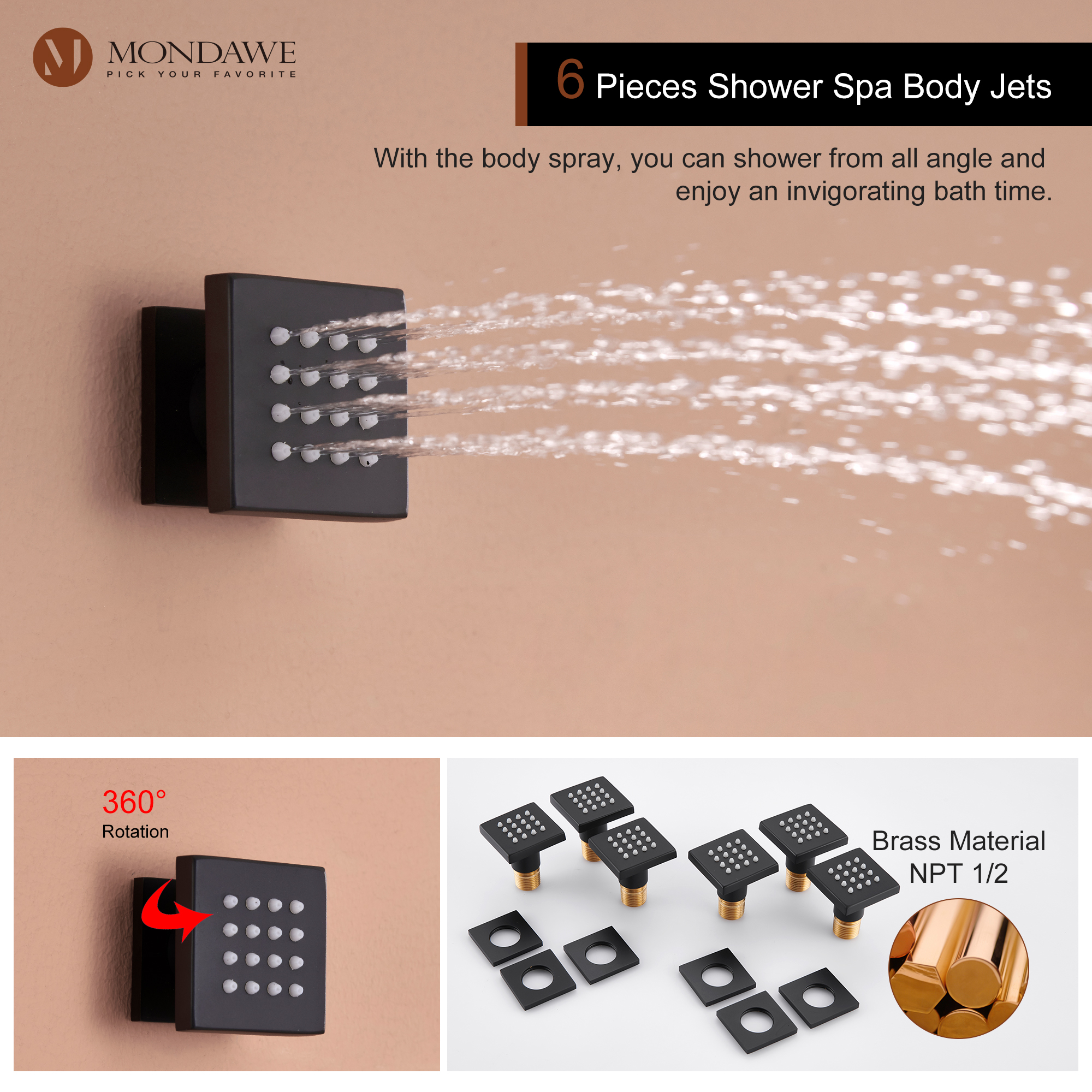 Luxury 3-Spray Patterns Thermostatic 12 in. Wall Mount Rainfall Dual Shower Heads with 6-Body Spray-Mondawe