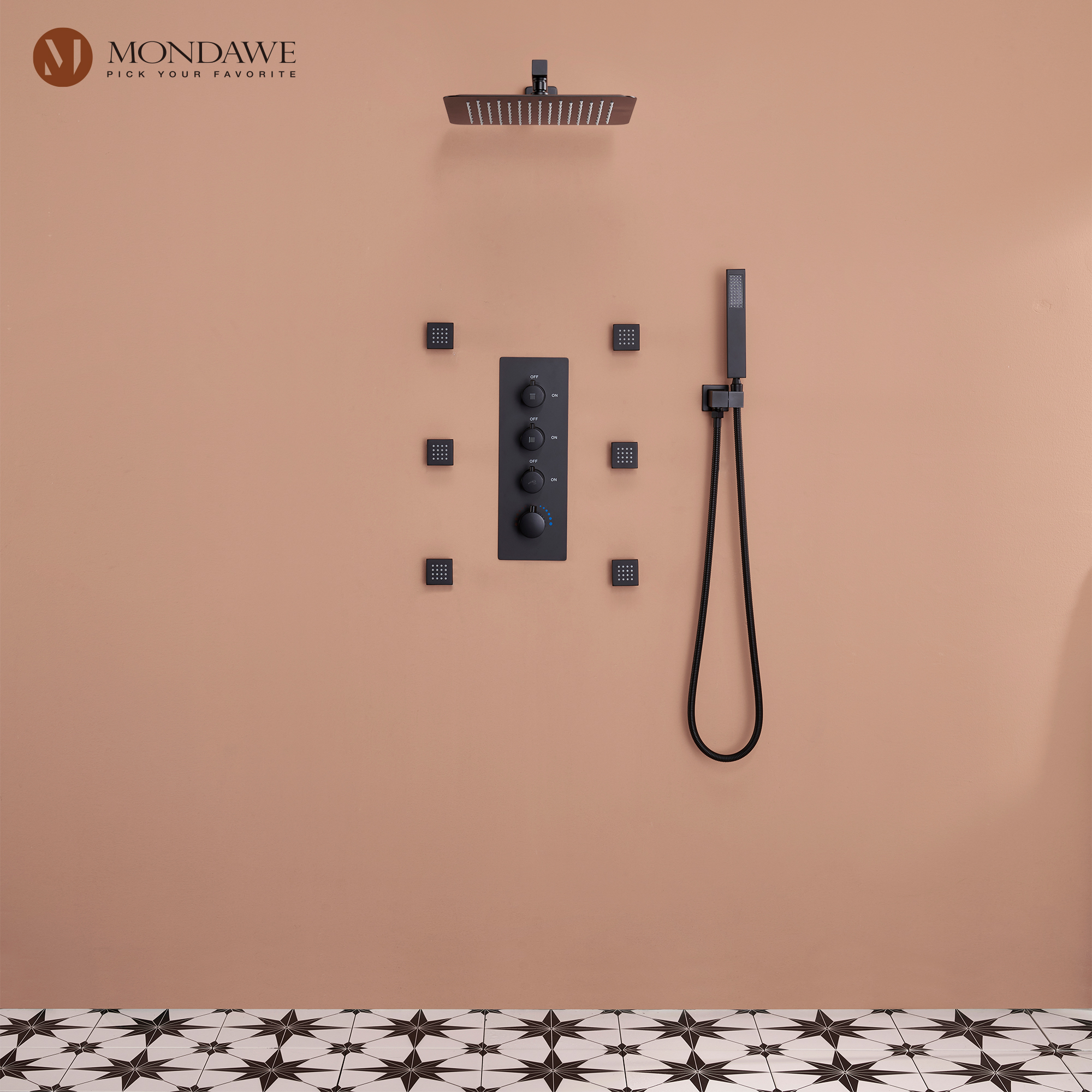 Luxury 3-Spray Patterns Thermostatic 12 in. Wall Mount Rainfall Dual Shower Heads with 6-Body Spray-Mondawe