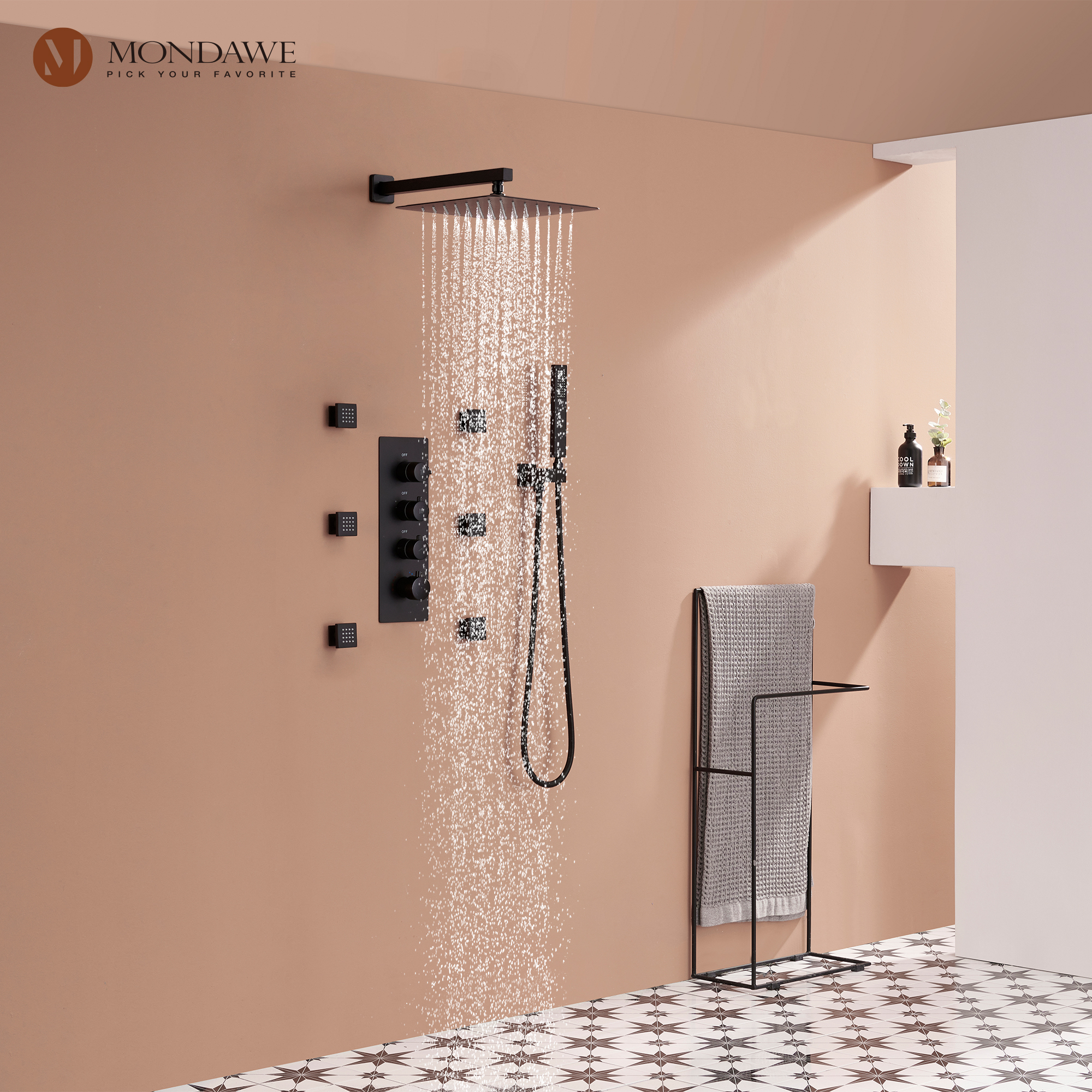 Luxury 3-Spray Patterns Thermostatic 12 in. Wall Mount Rainfall Dual Shower Heads with 6-Body Spray-Mondawe