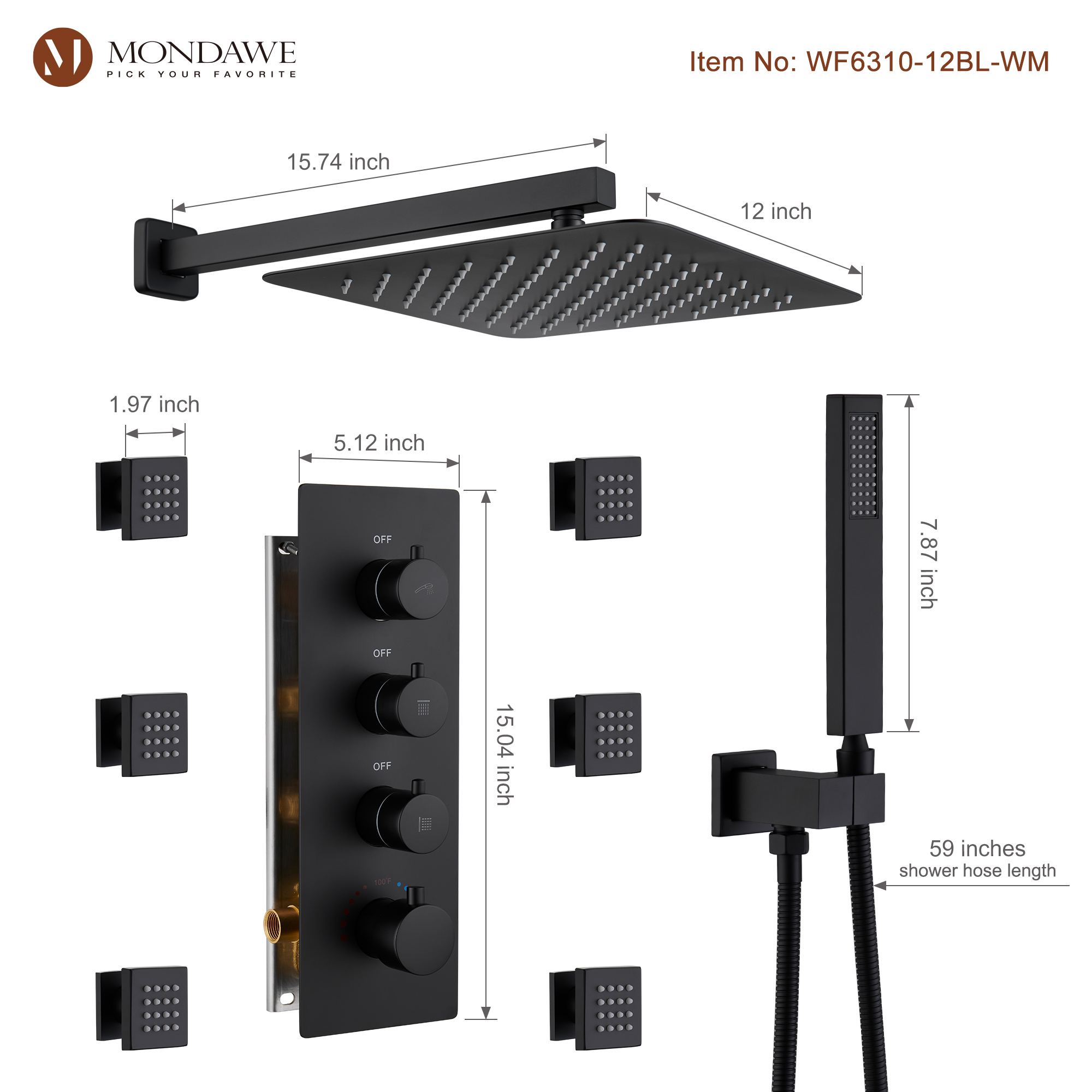 Luxury 3-Spray Patterns Thermostatic 12 in. Wall Mount Rainfall Dual Shower Heads with 6-Body Spray-Mondawe