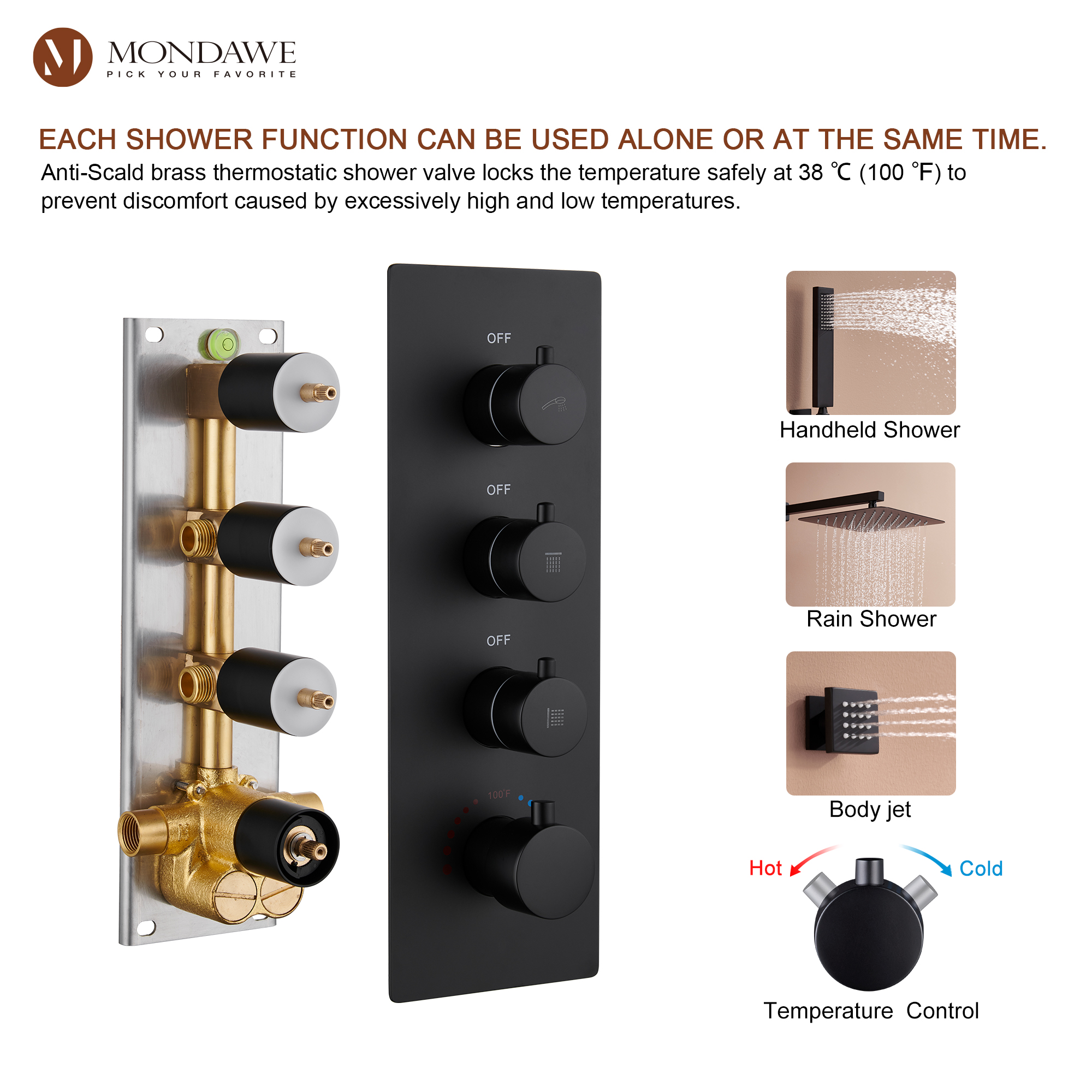 Luxury 3-Spray Patterns Thermostatic 12 in. Wall Mount Rainfall Dual Shower Heads with 6-Body Spray-Mondawe