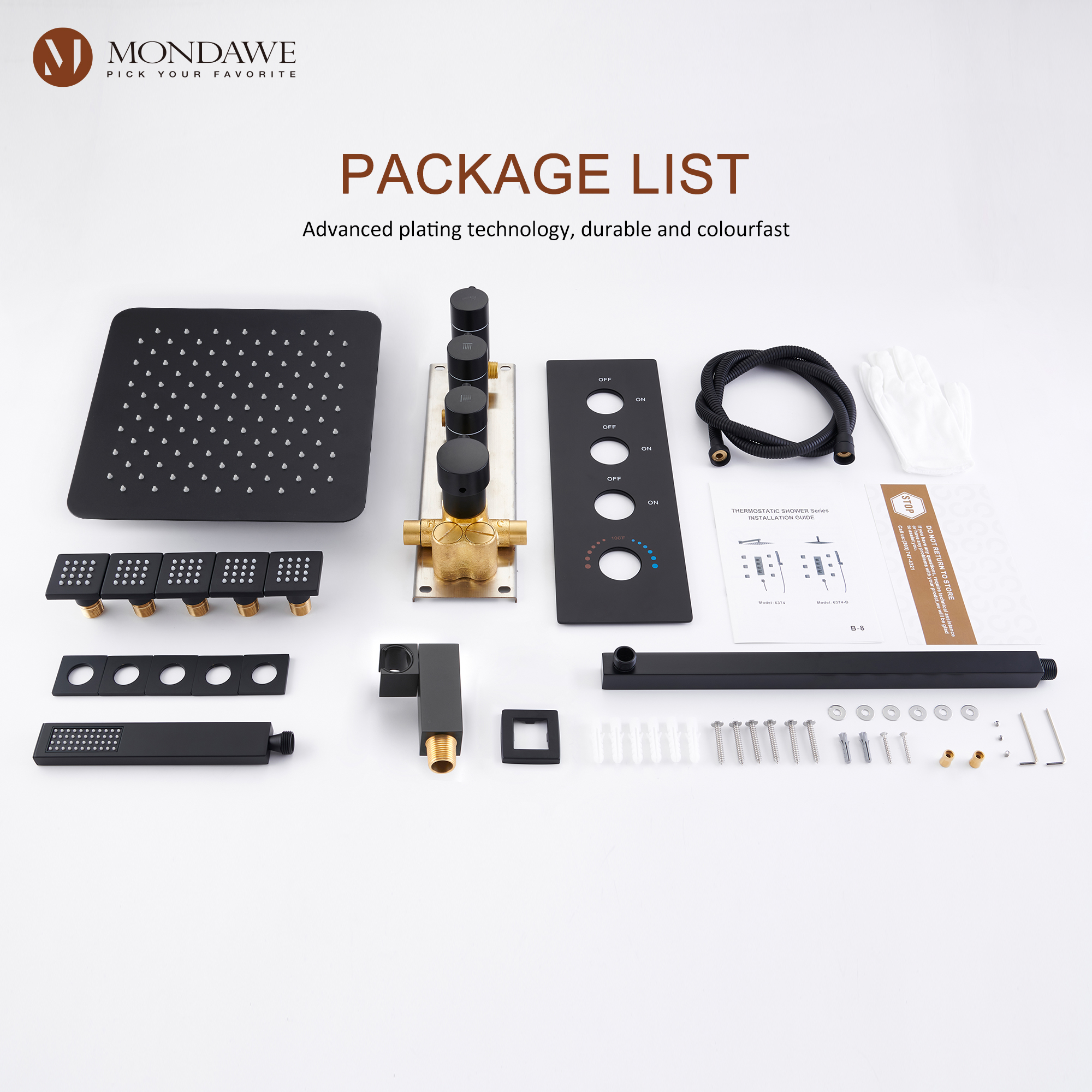 Luxury 3-Spray Patterns Thermostatic 12 in. Wall Mount Rainfall Dual Shower Heads with 6-Body Spray-Mondawe