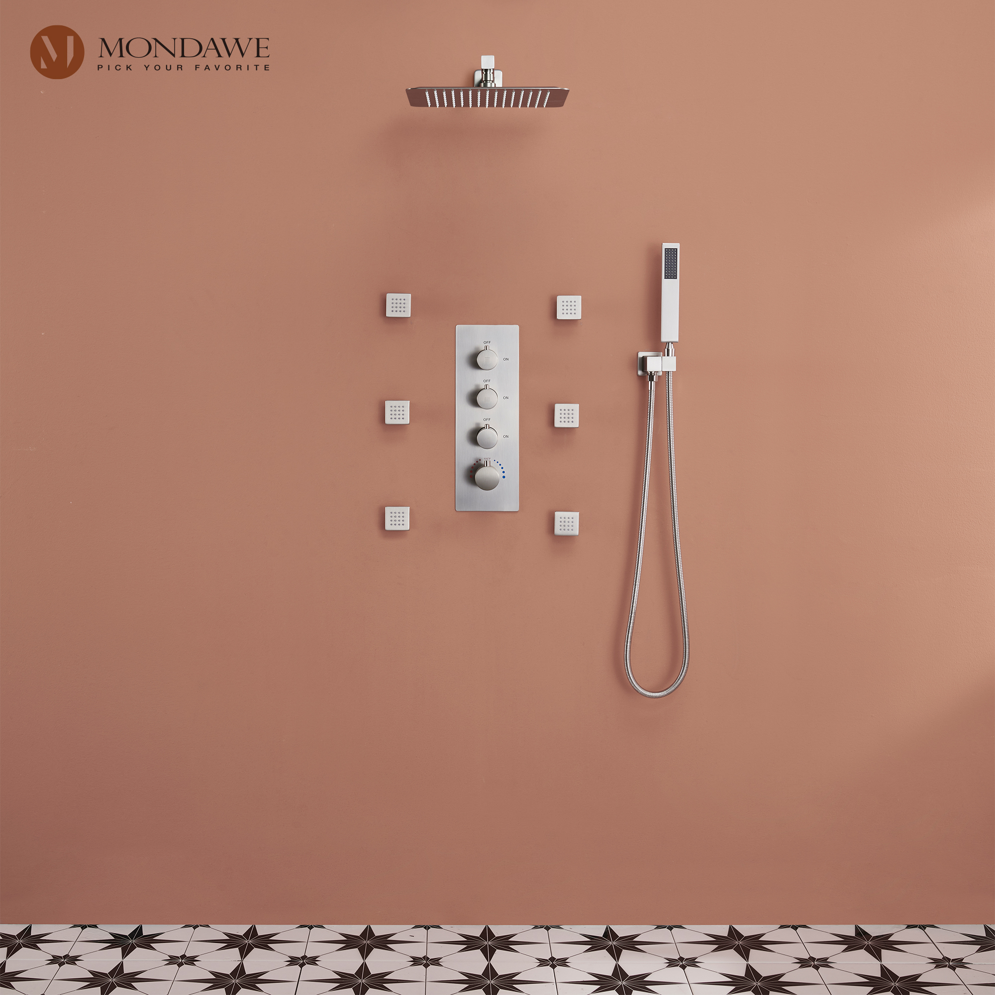 Luxury 3-Spray Patterns Thermostatic 12 in. Wall Mount Rainfall Dual Shower Heads with 6-Body Spray-Mondawe