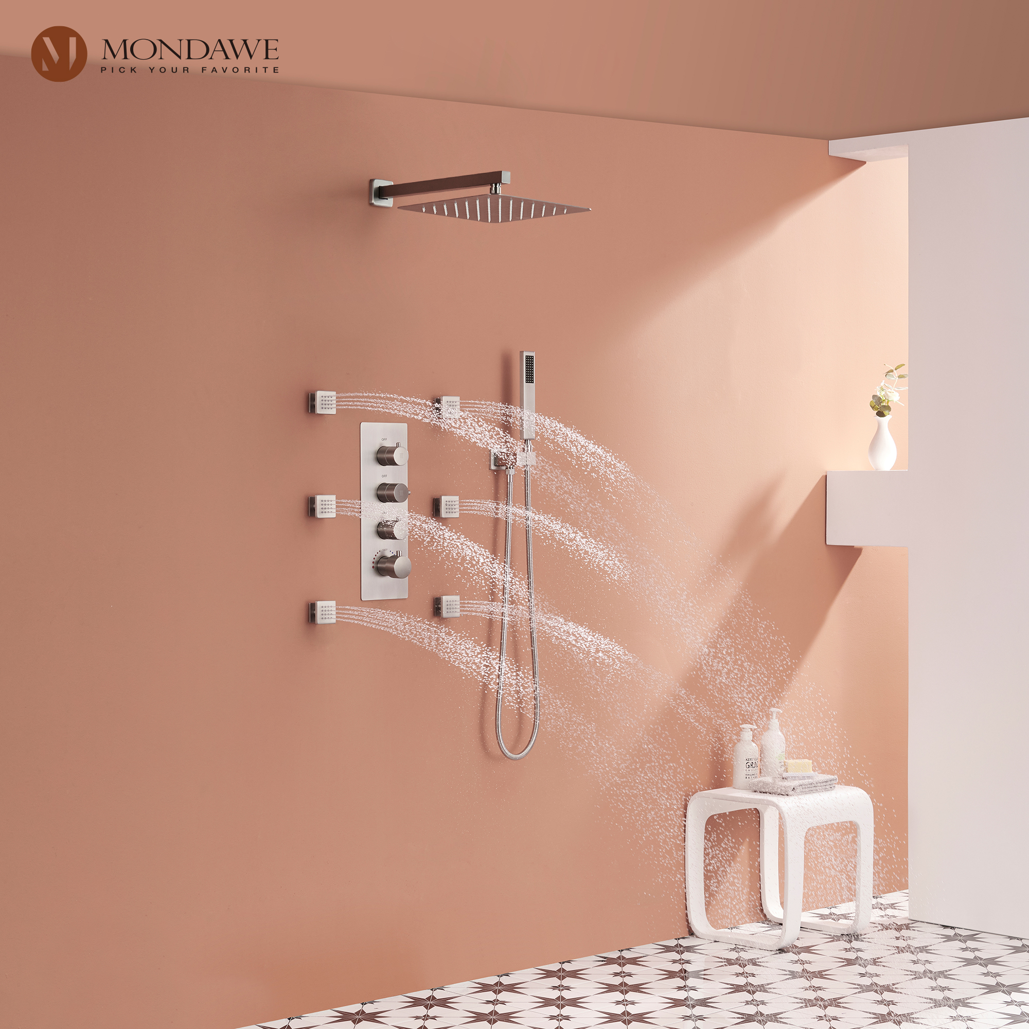 Luxury 3-Spray Patterns Thermostatic 12 in. Wall Mount Rainfall Dual Shower Heads with 6-Body Spray-Mondawe
