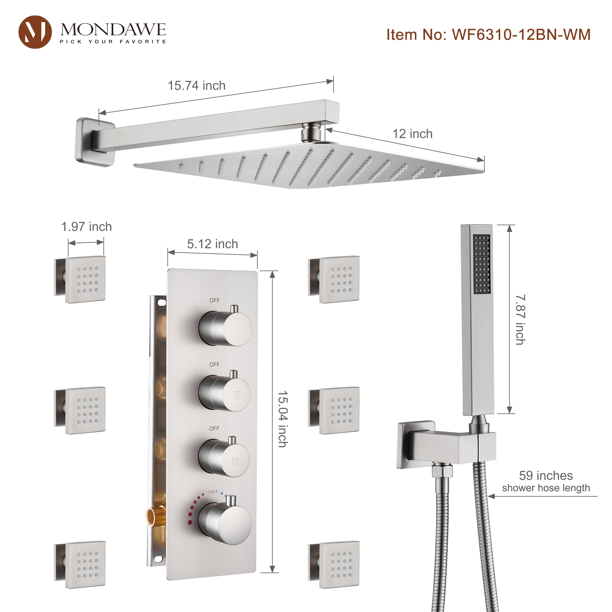 Luxury 3-Spray Patterns Thermostatic 12 in. Wall Mount Rainfall Dual Shower Heads with 6-Body Spray-Mondawe