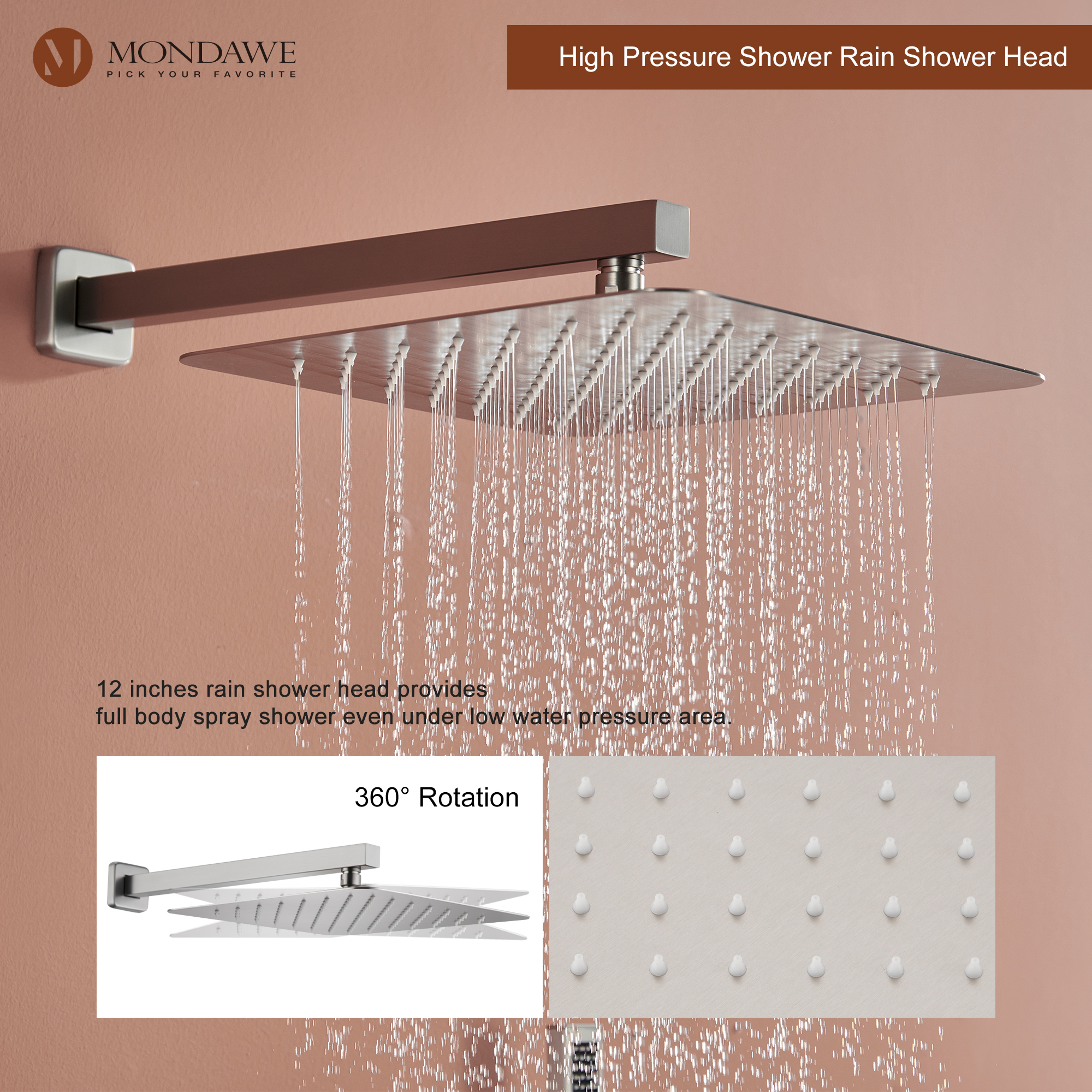 Luxury 3-Spray Patterns Thermostatic 12 in. Wall Mount Rainfall Dual Shower Heads with 6-Body Spray-Mondawe