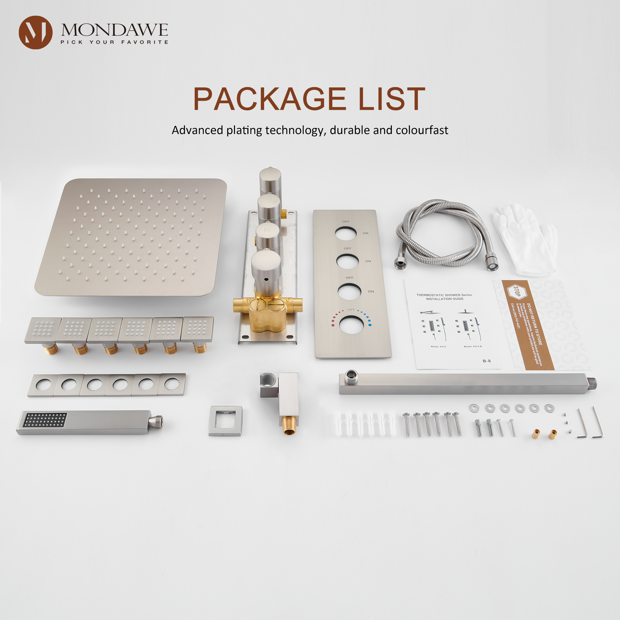 Luxury 3-Spray Patterns Thermostatic 12 in. Wall Mount Rainfall Dual Shower Heads with 6-Body Spray-Mondawe